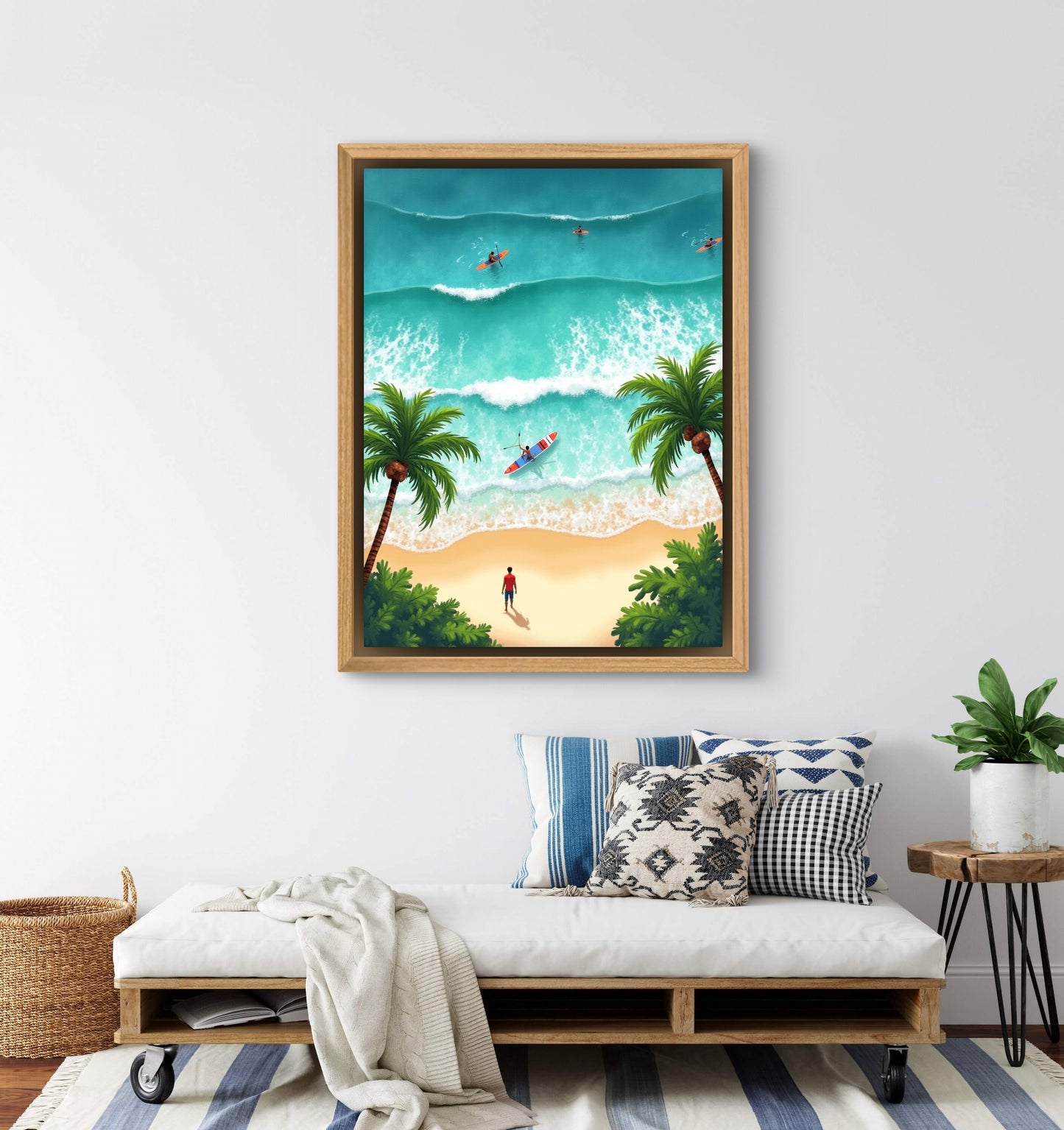 Framed beach scene minimalist canvas artwork on a wall .