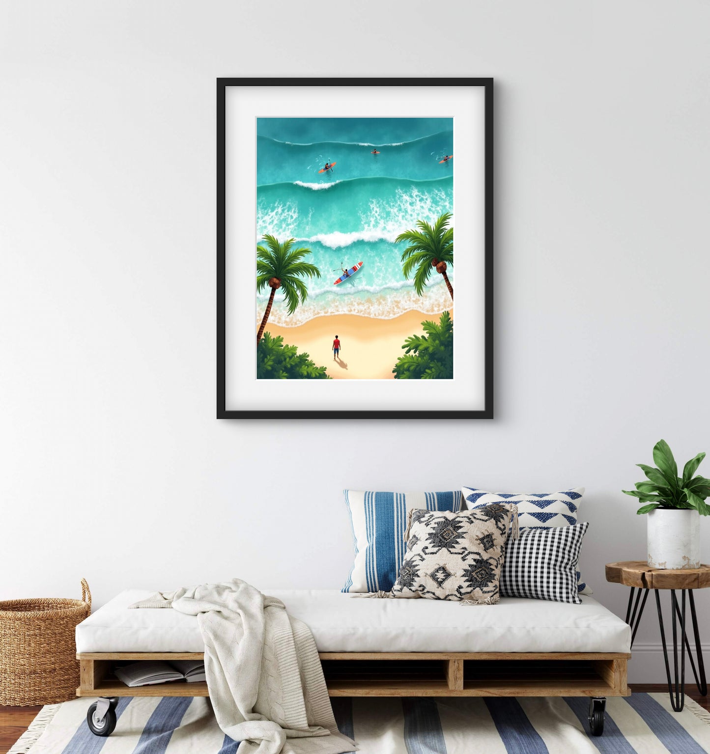 Framed beach scene minimalist canvas artwork on a wall .
