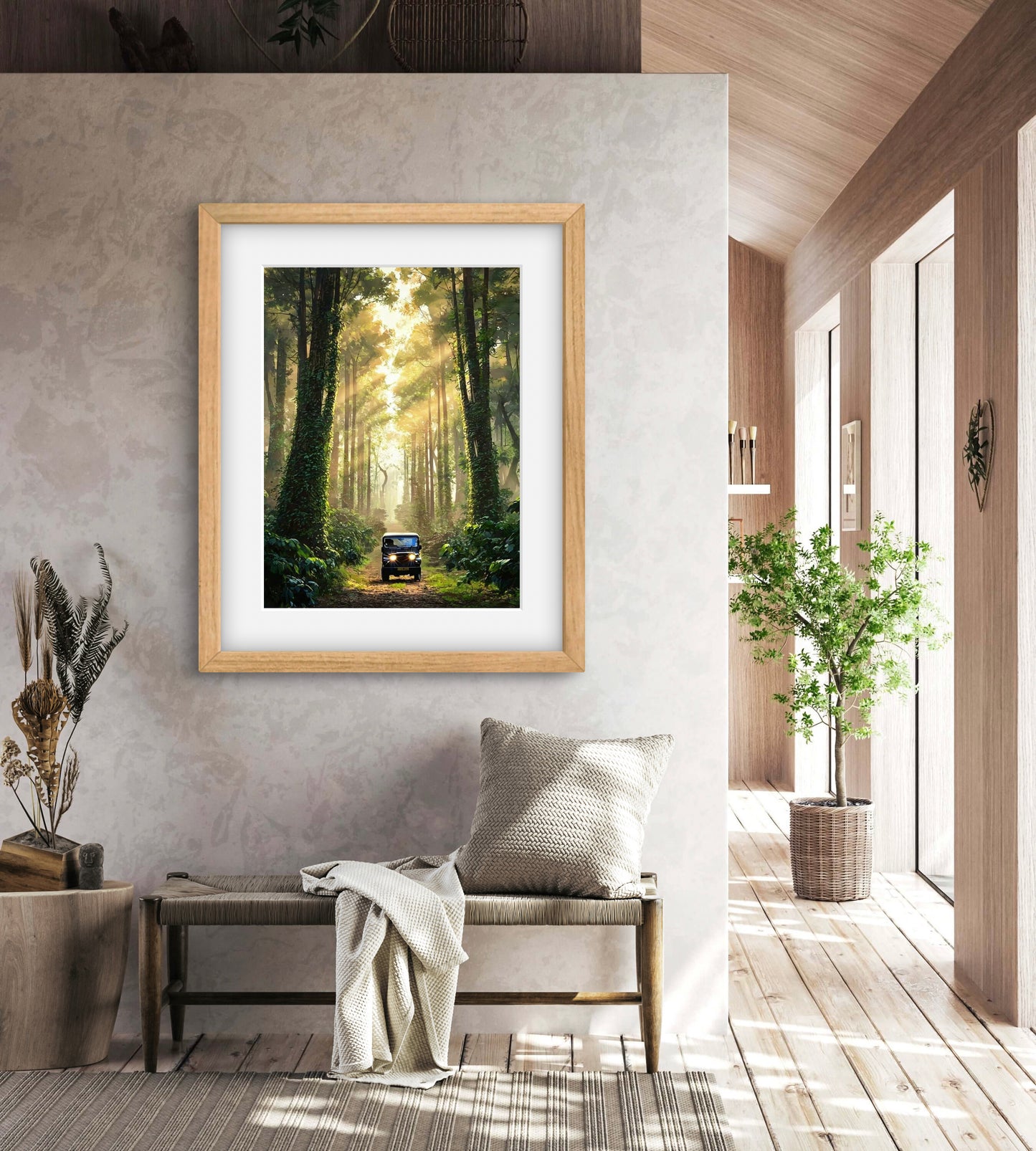 Into the Canopy |Sunlight Through Forest Wall Art – Jeep Adventure Digital Print