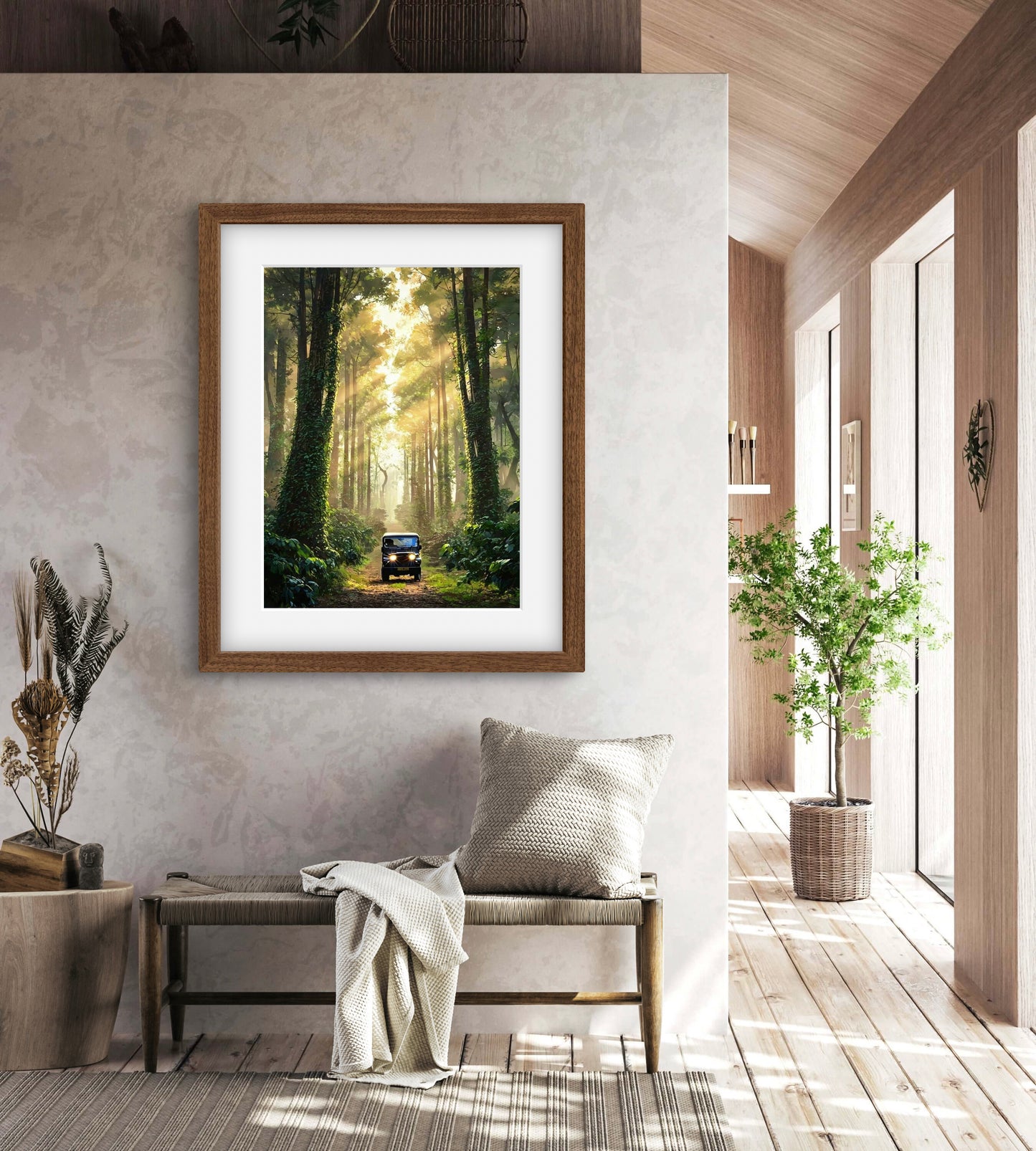 Into the Canopy |Sunlight Through Forest Wall Art – Jeep Adventure Digital Print