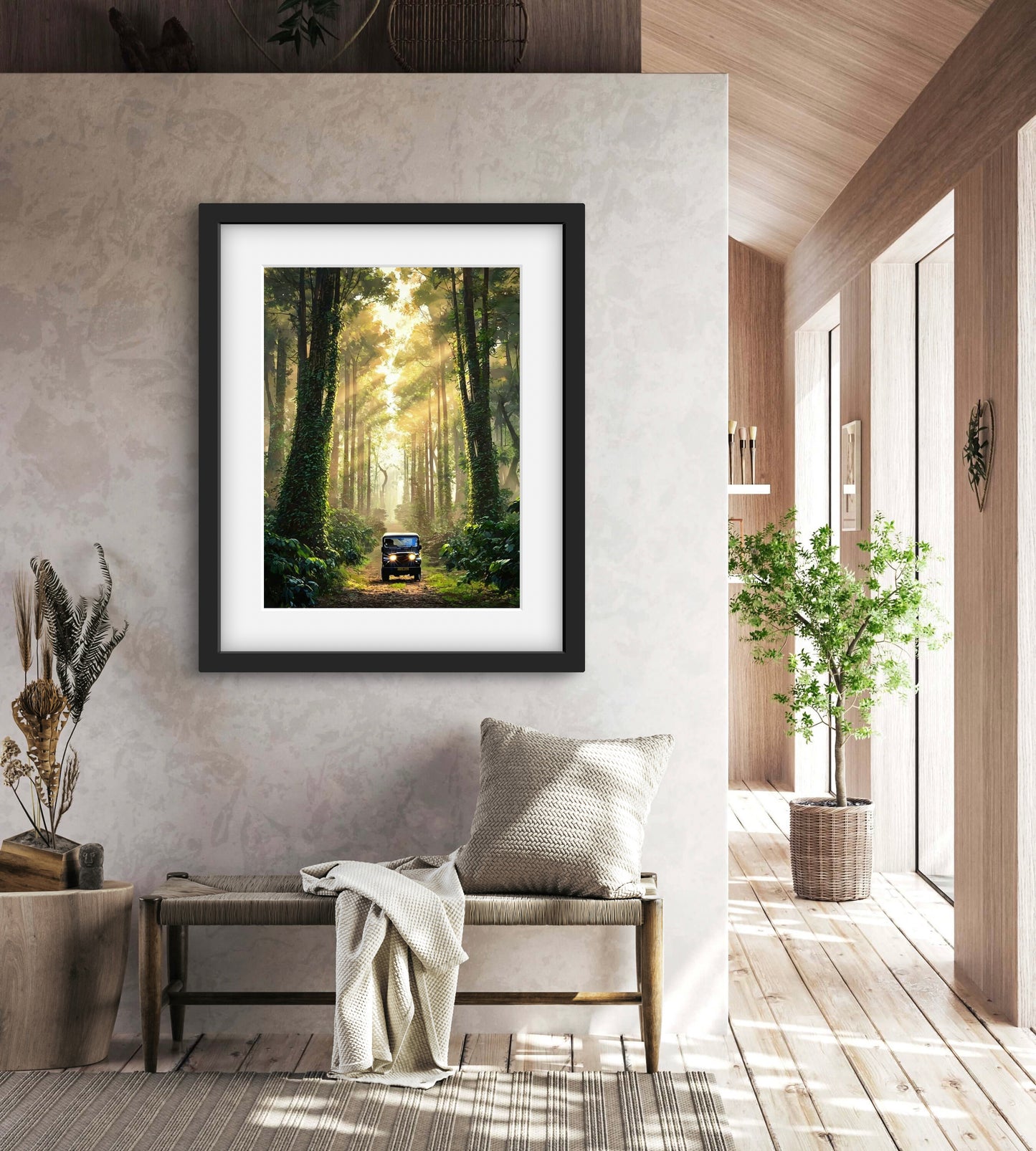 Into the Canopy |Sunlight Through Forest Wall Art – Jeep Adventure Digital Print