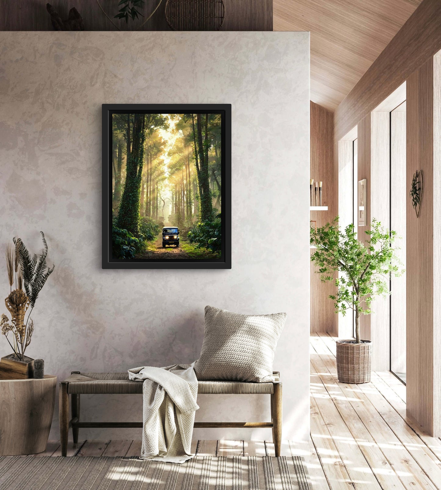 Into the Canopy |Sunlight Through Forest Wall Art – Jeep Adventure Digital Print