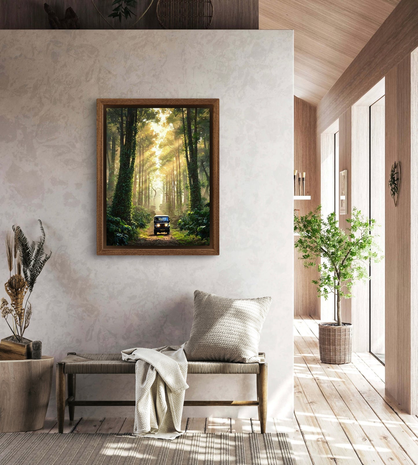 Into the Canopy |Sunlight Through Forest Wall Art – Jeep Adventure Digital Print