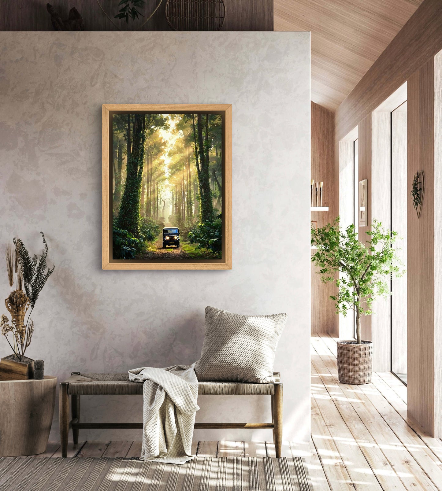 Into the Canopy |Sunlight Through Forest Wall Art – Jeep Adventure Digital Print