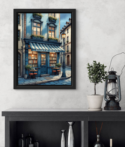 Books & Brews – Cozy Book Café Wall Art Print | European Street Aesthetic