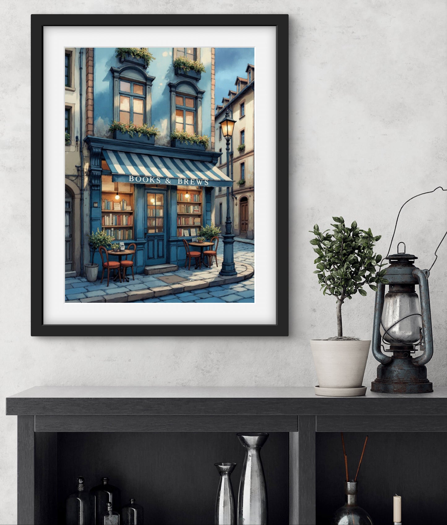 Books & Brews – Cozy Book Café Wall Art Print | European Street Aesthetic