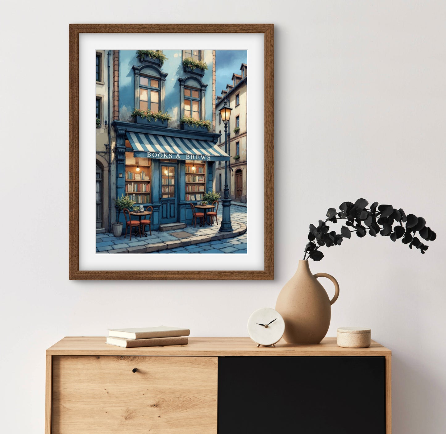 Books & Brews – Cozy Book Café Wall Art Print | European Street Aesthetic