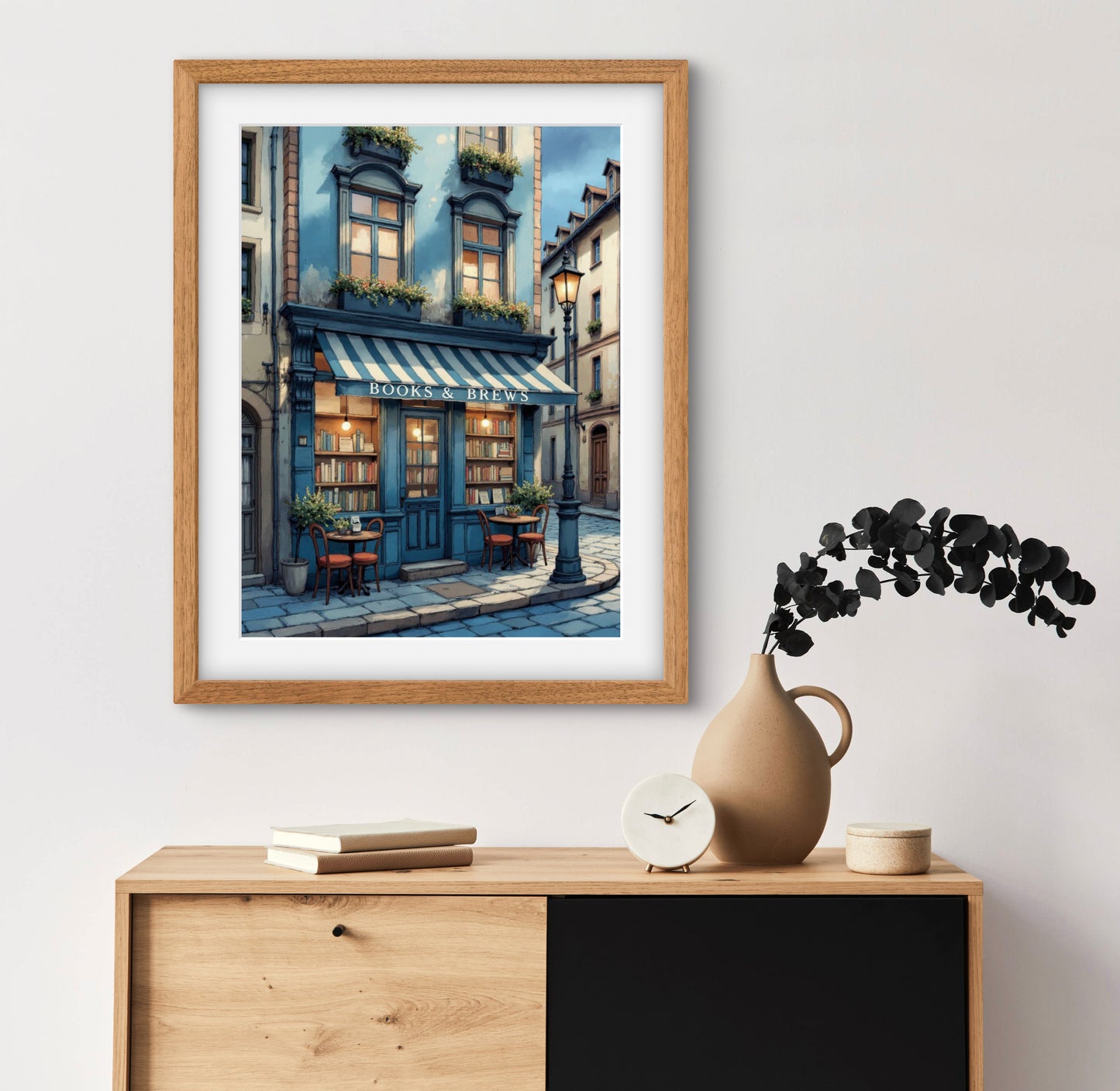 Books & Brews – Cozy Book Café Wall Art Print | European Street Aesthetic
