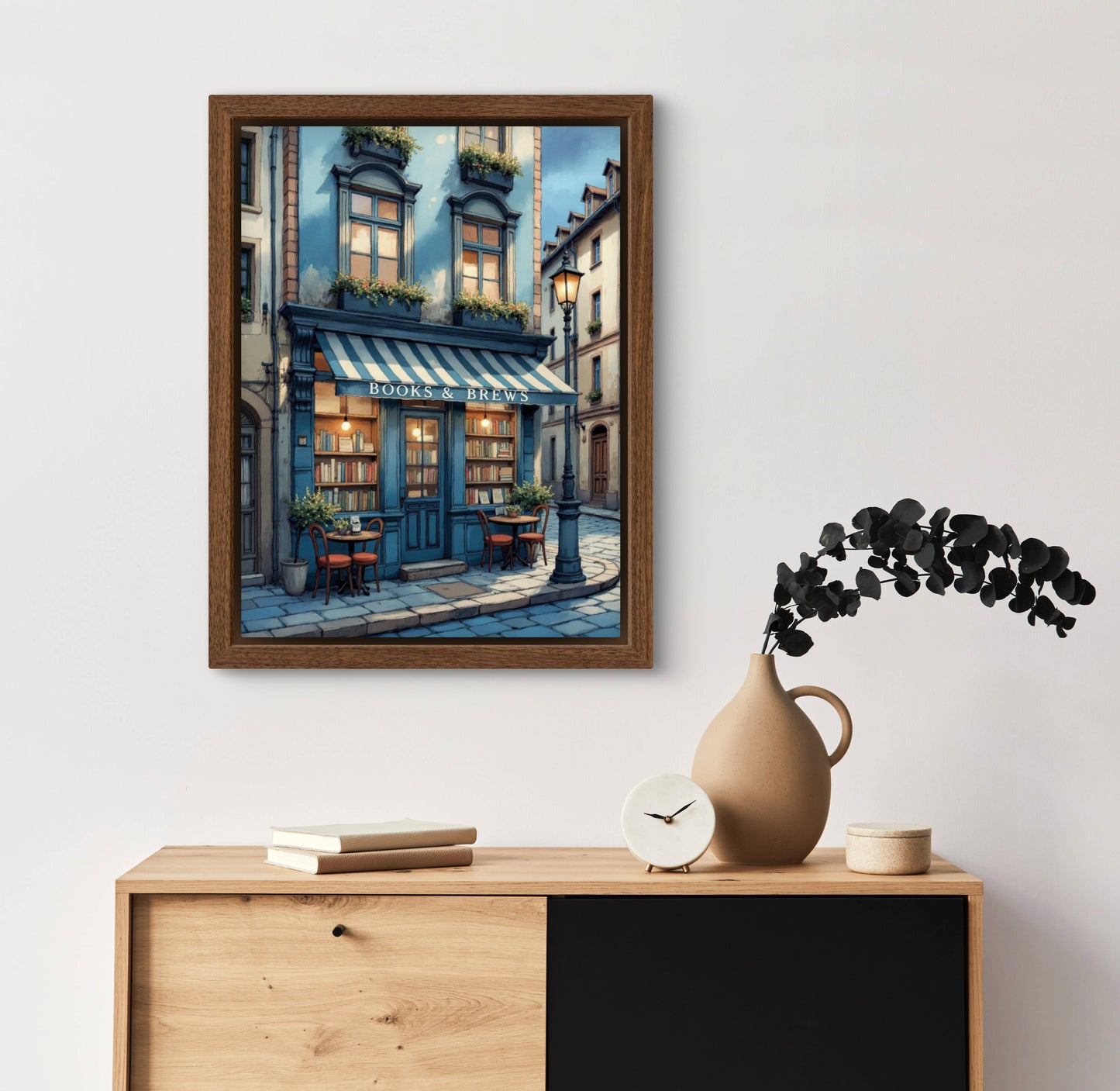 Books & Brews – Cozy Book Café Wall Art Print | European Street Aesthetic