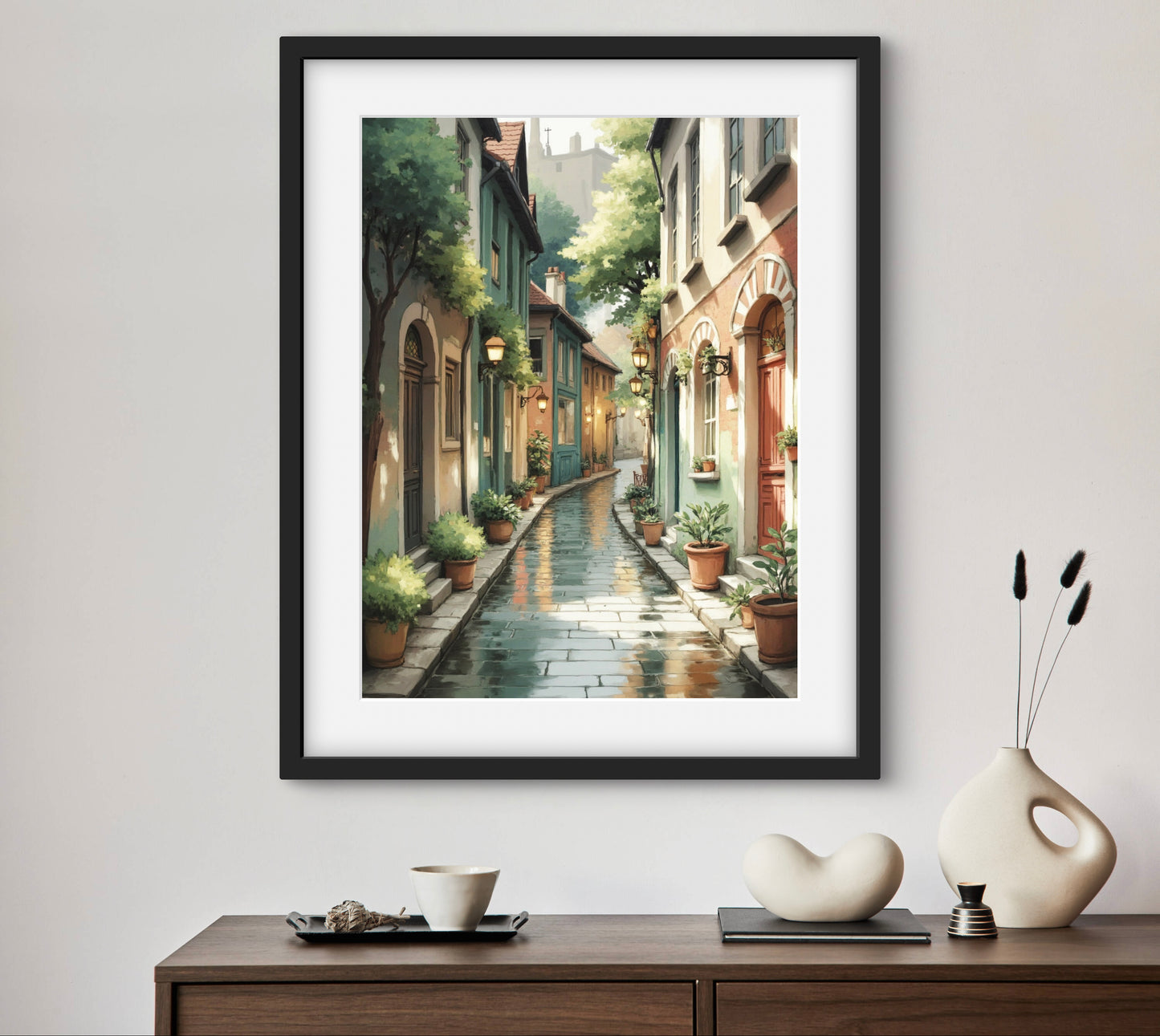 Rain-Kissed Alley – European Street Wall Art Print | Cozy Urban Decor for Living Room or Hallway