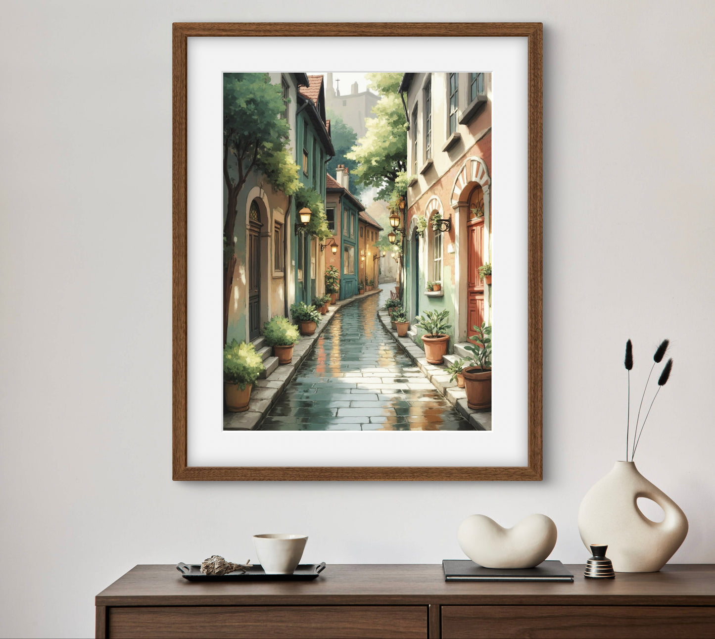 Rain-Kissed Alley – European Street Wall Art Print | Cozy Urban Decor for Living Room or Hallway