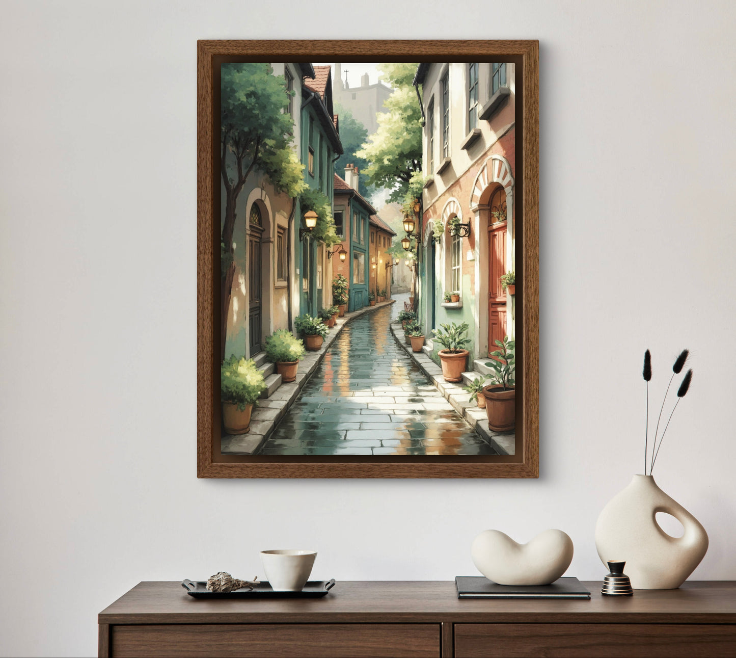 Rain-Kissed Alley – European Street Wall Art Print | Cozy Urban Decor for Living Room or Hallway