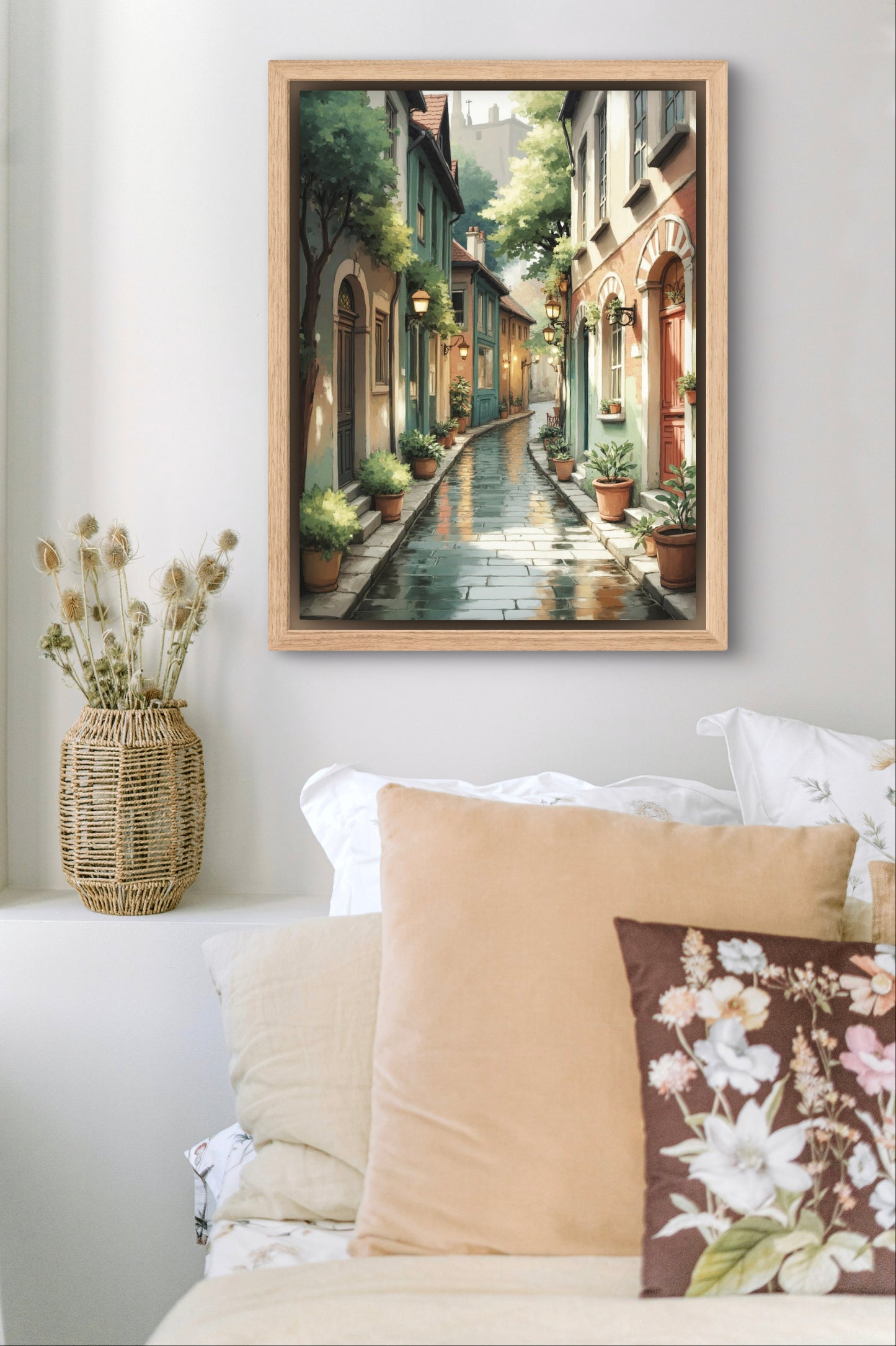 Rain-Kissed Alley – European Street Wall Art Print | Cozy Urban Decor for Living Room or Hallway