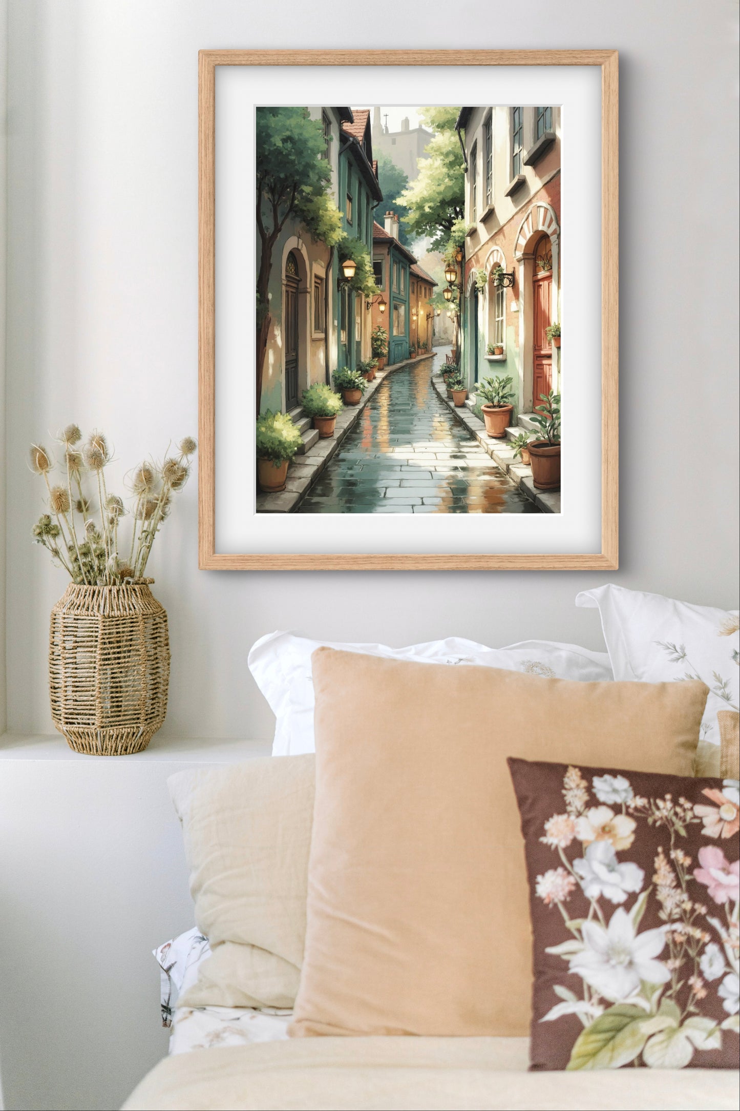 Rain-Kissed Alley – European Street Wall Art Print | Cozy Urban Decor for Living Room or Hallway