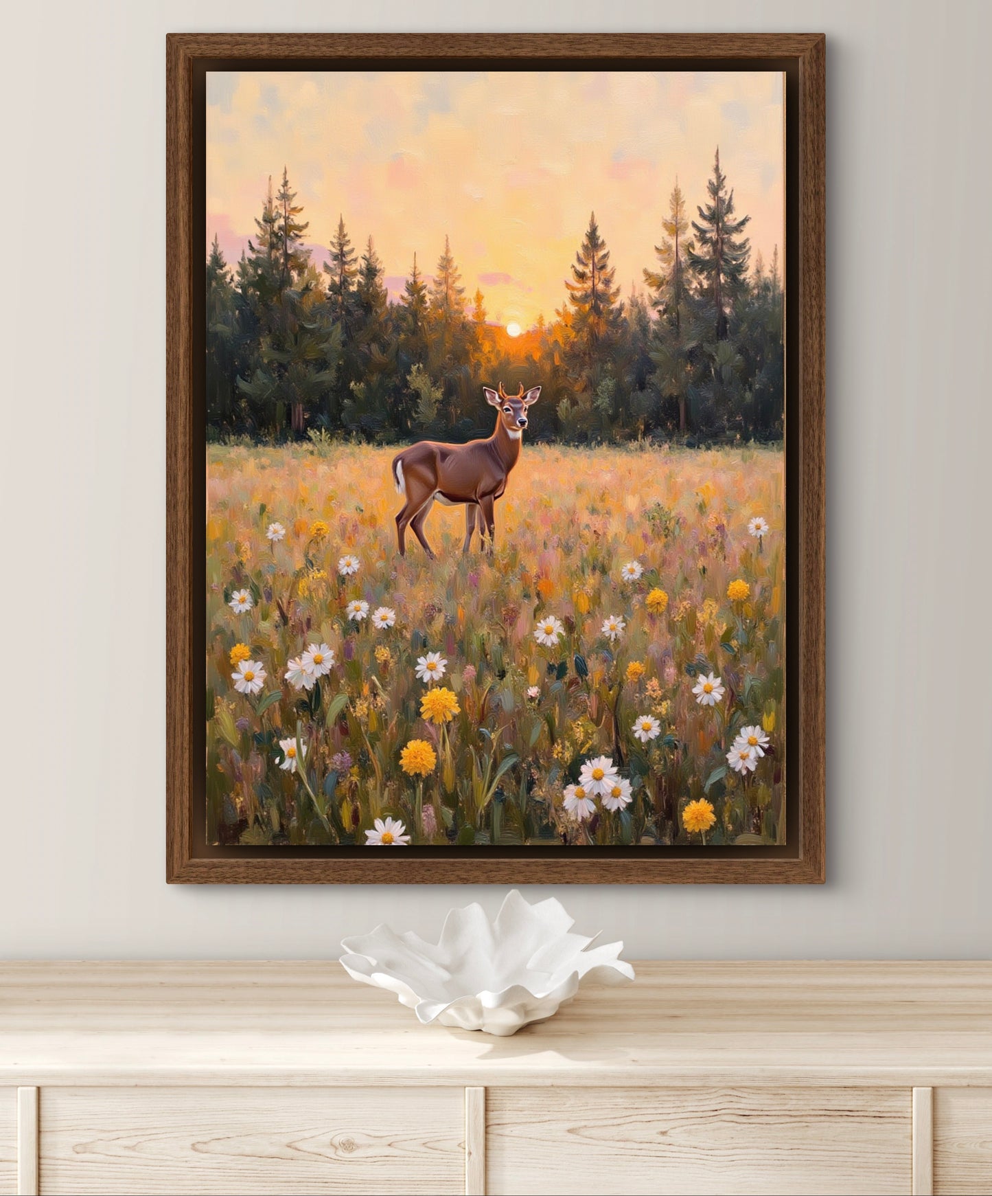Golden Meadow at Dusk – Deer in Wildflower Field Wall Art Print | Sunset Forest Landscape Painting