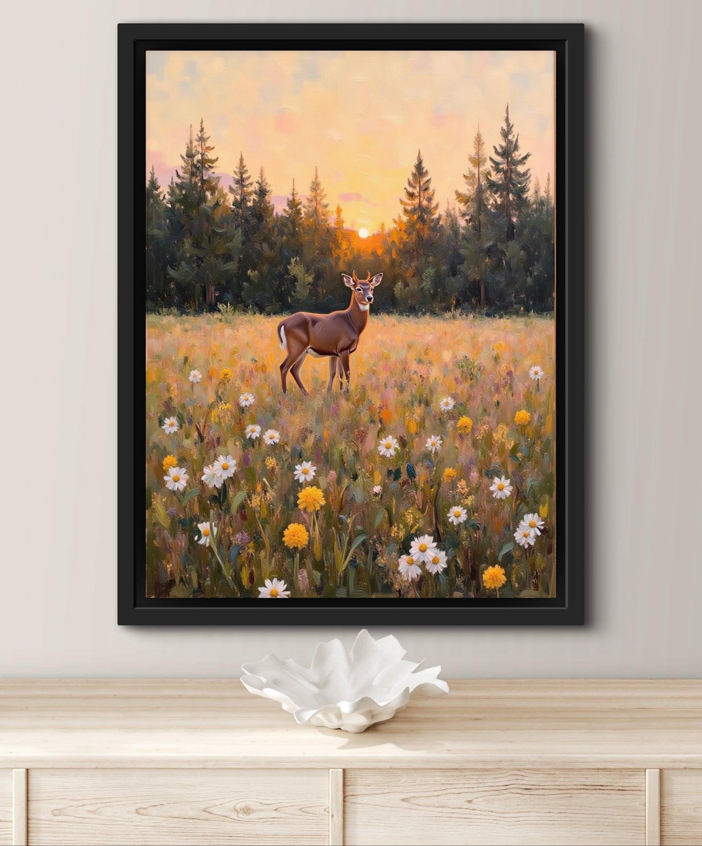 Golden Meadow at Dusk – Deer in Wildflower Field Wall Art Print | Sunset Forest Landscape Painting