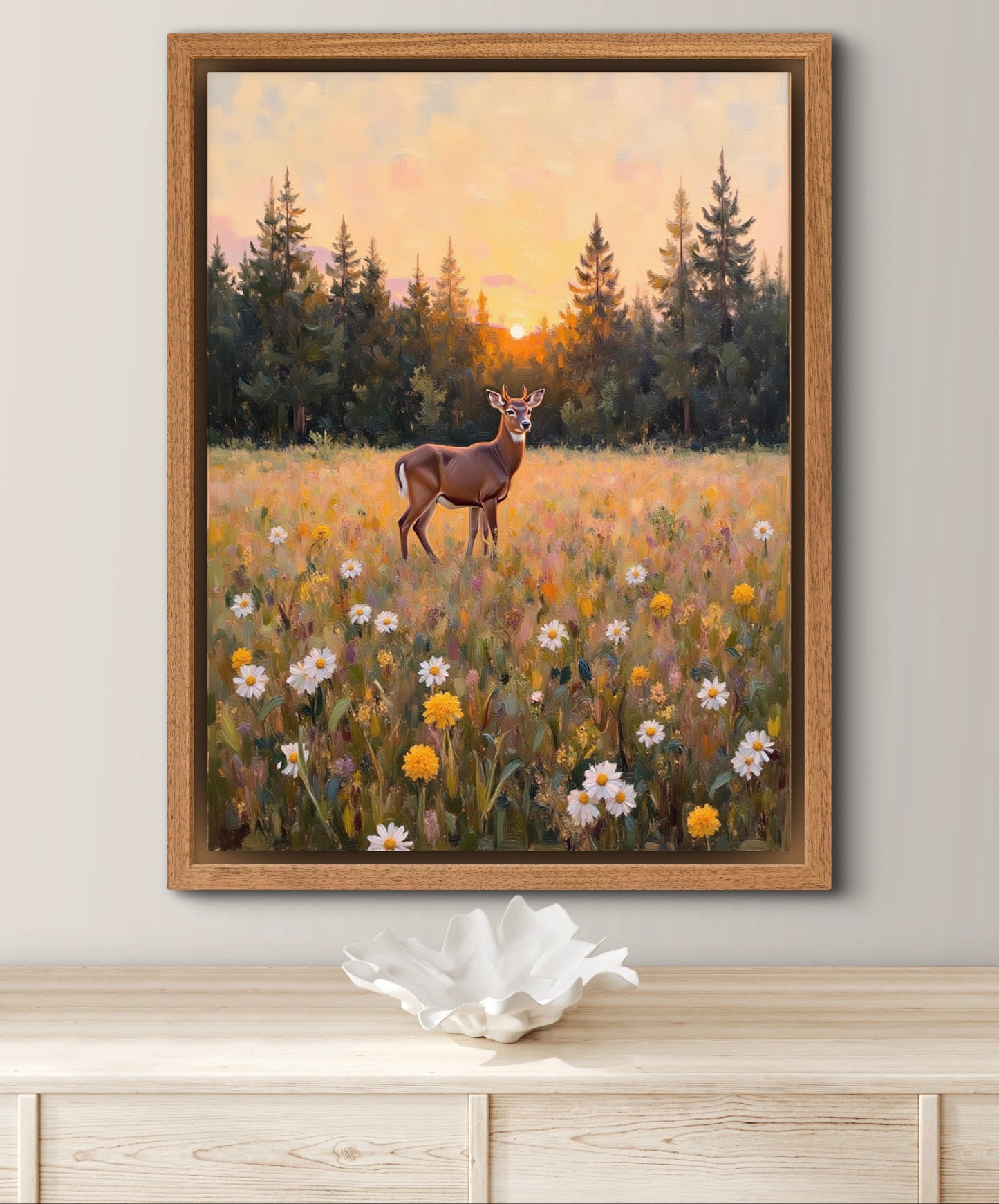 Golden Meadow at Dusk – Deer in Wildflower Field Wall Art Print | Sunset Forest Landscape Painting