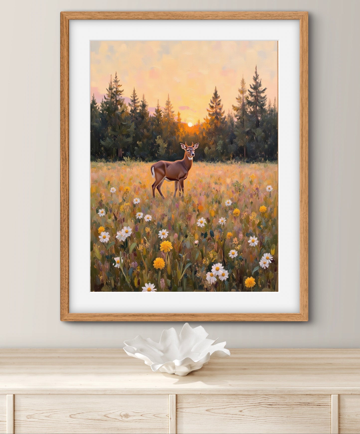 Golden Meadow at Dusk – Deer in Wildflower Field Wall Art Print | Sunset Forest Landscape Painting