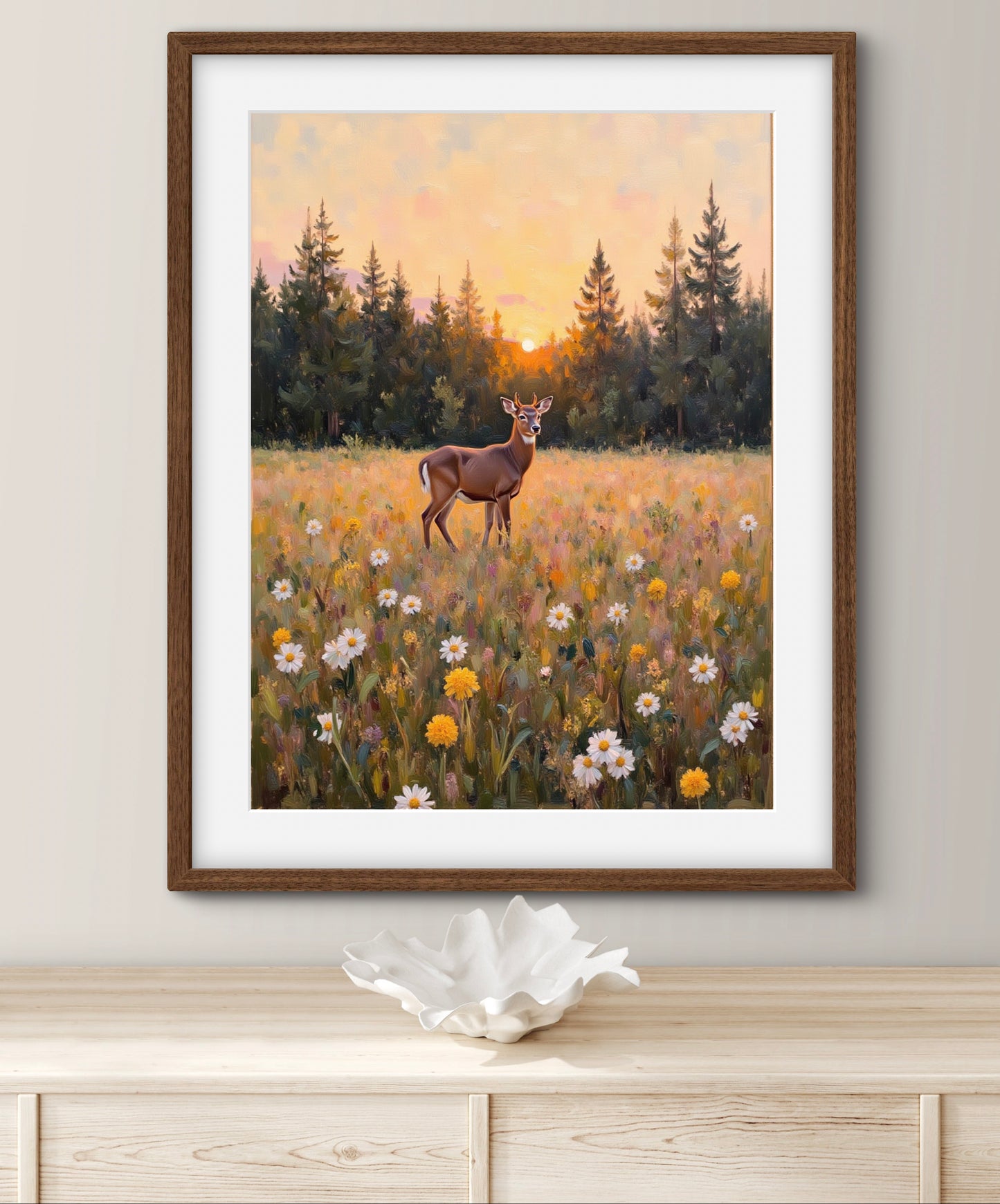 Golden Meadow at Dusk – Deer in Wildflower Field Wall Art Print | Sunset Forest Landscape Painting