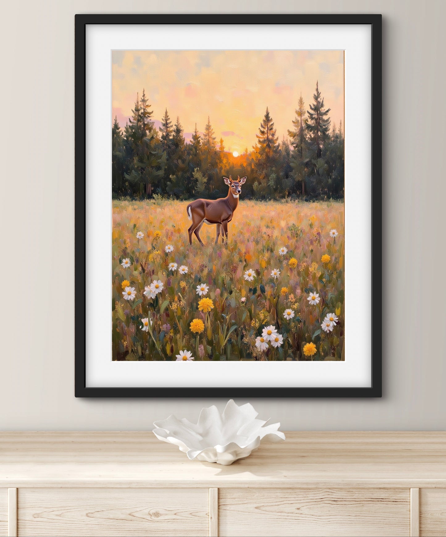 Golden Meadow at Dusk – Deer in Wildflower Field Wall Art Print | Sunset Forest Landscape Painting