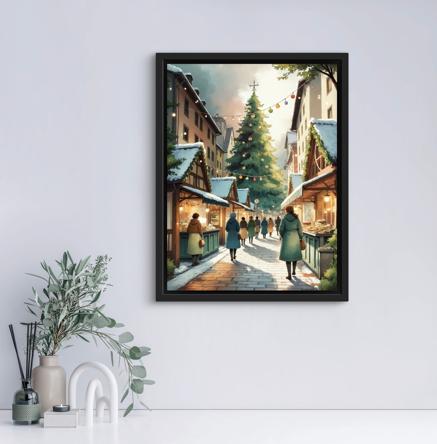 Christmas Market Wall Art Print – Festive Winter Street Scene with Holiday Lights