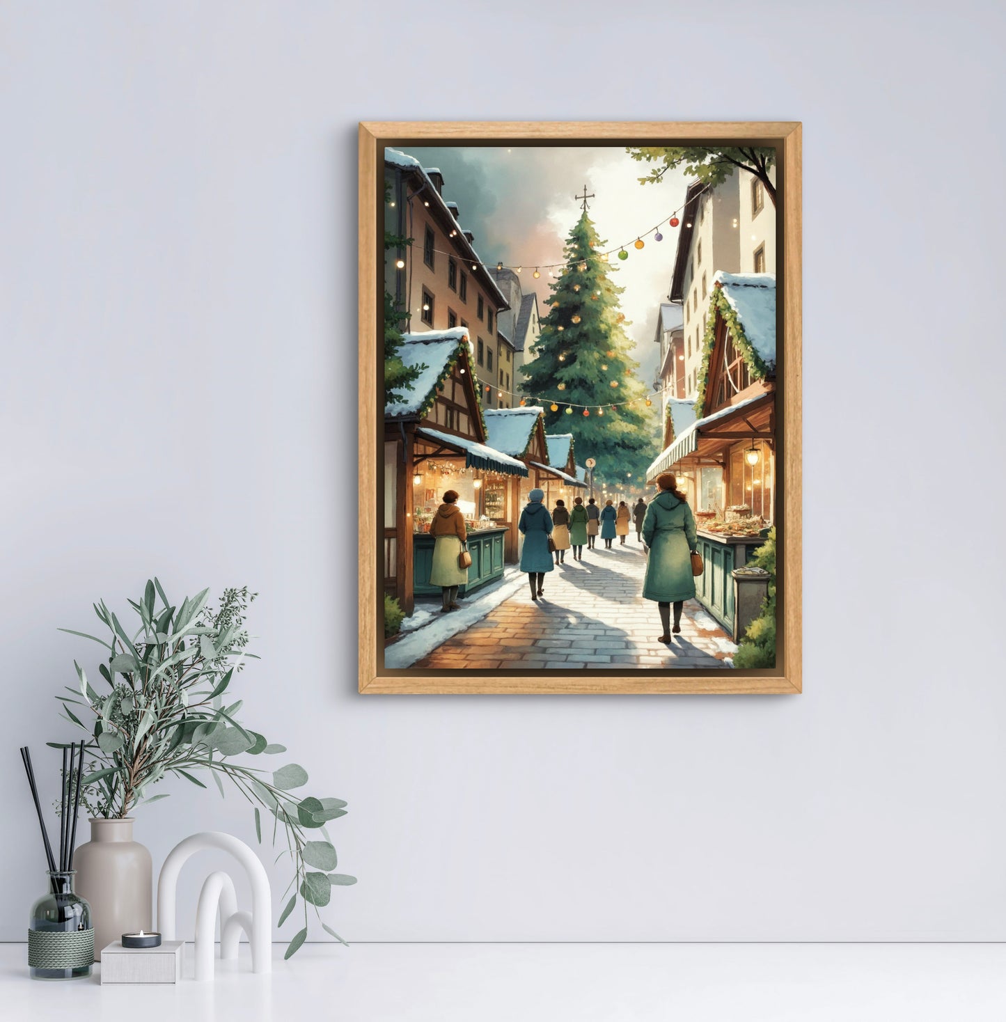 Christmas Market Wall Art Print – Festive Winter Street Scene with Holiday Lights