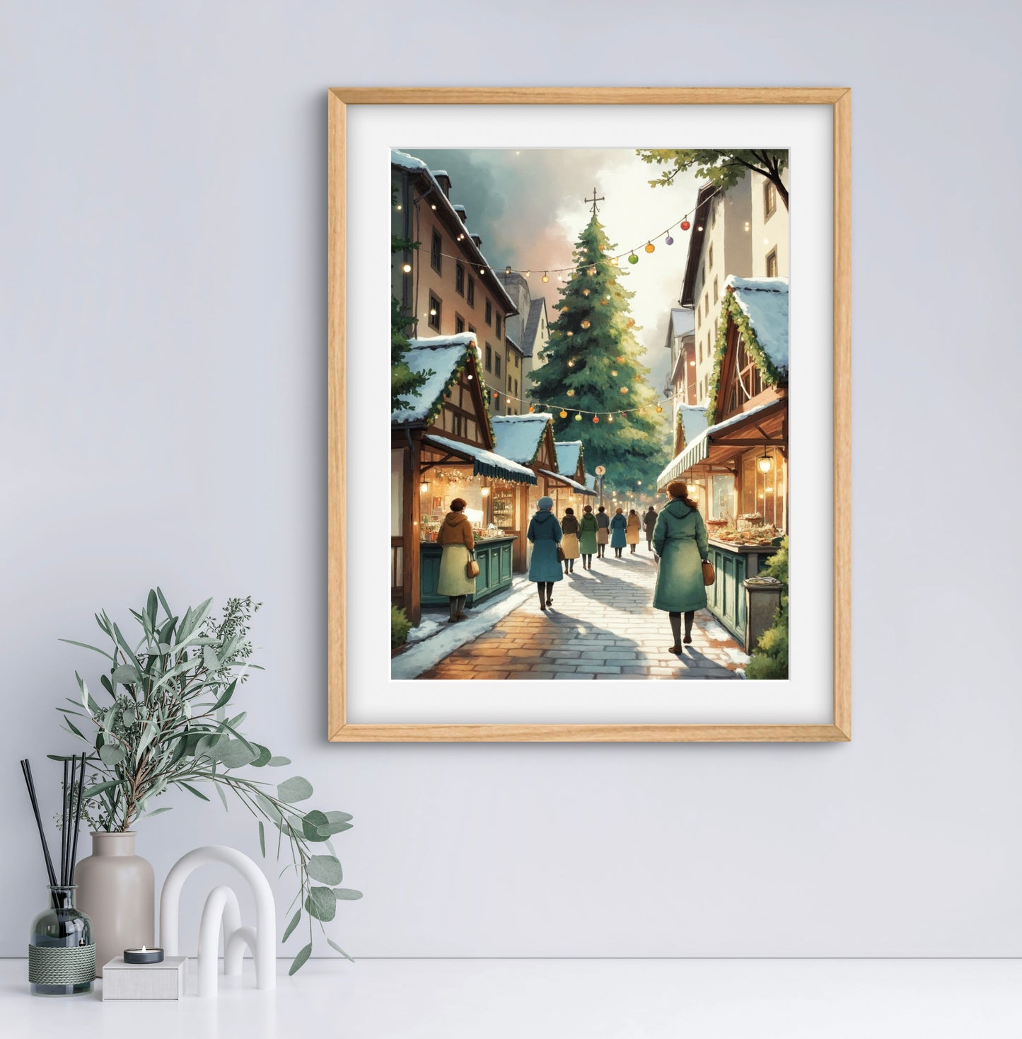 Christmas Market Wall Art Print – Festive Winter Street Scene with Holiday Lights