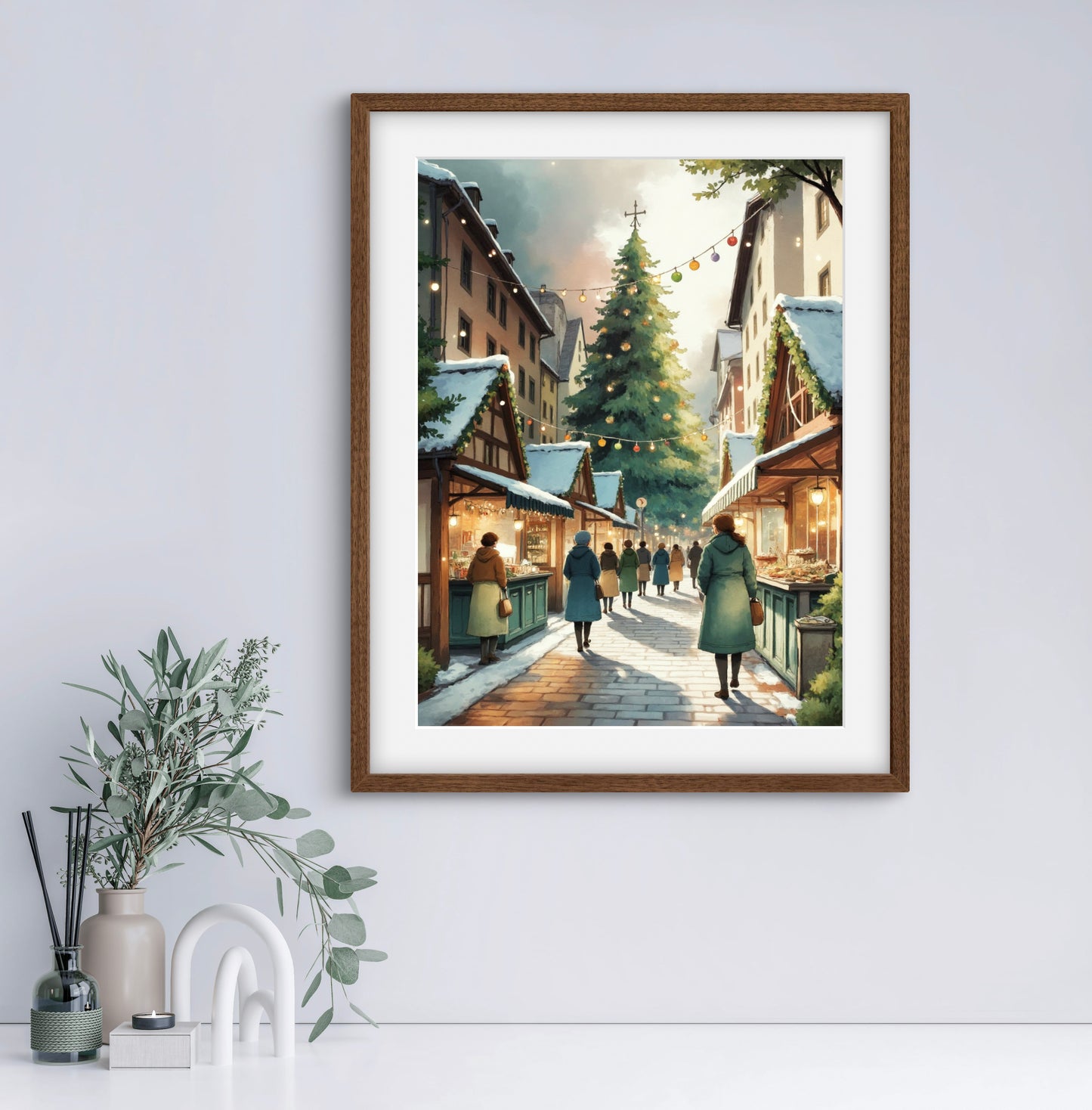 Christmas Market Wall Art Print – Festive Winter Street Scene with Holiday Lights