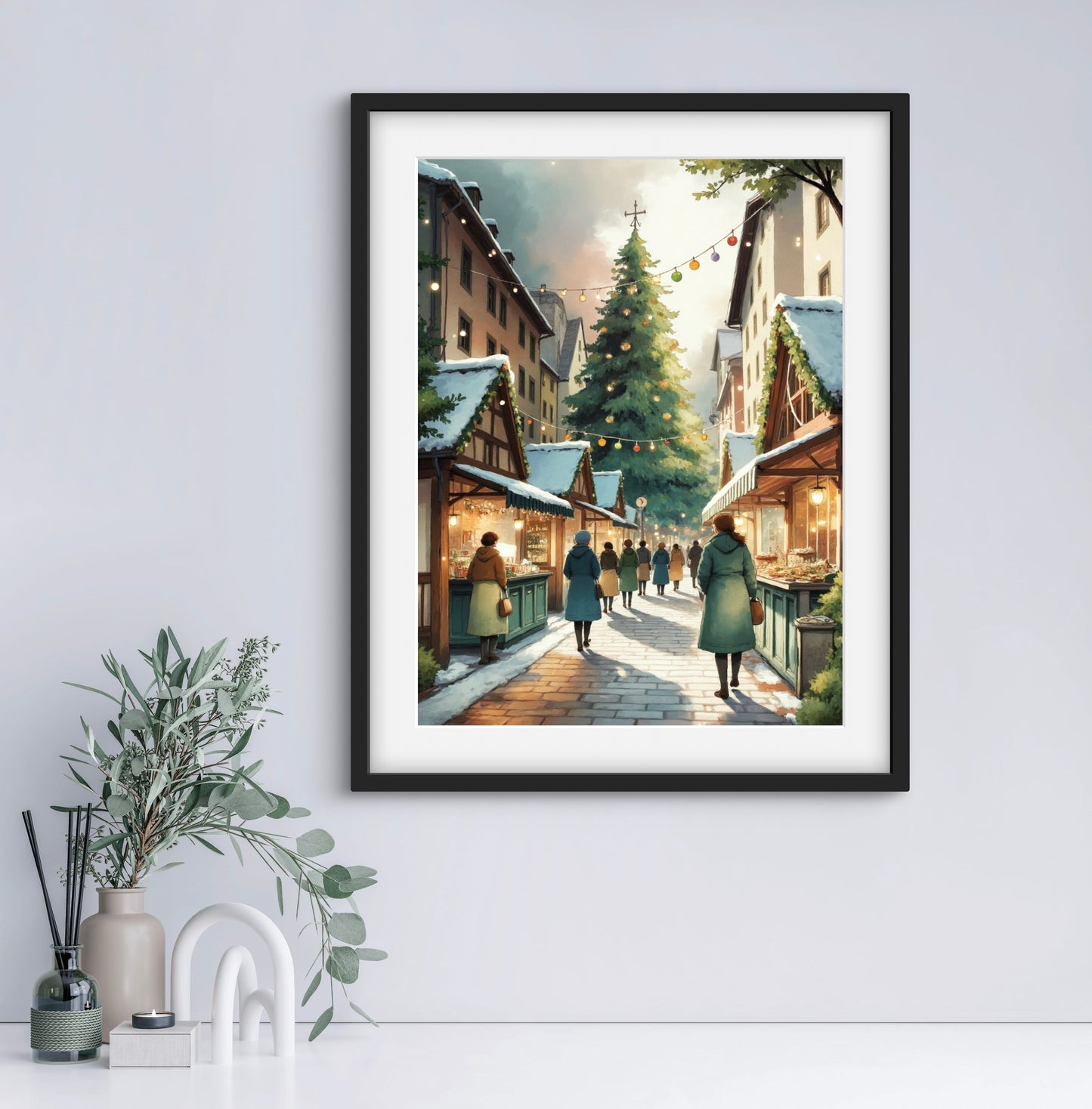 Christmas Market Wall Art Print – Festive Winter Street Scene with Holiday Lights