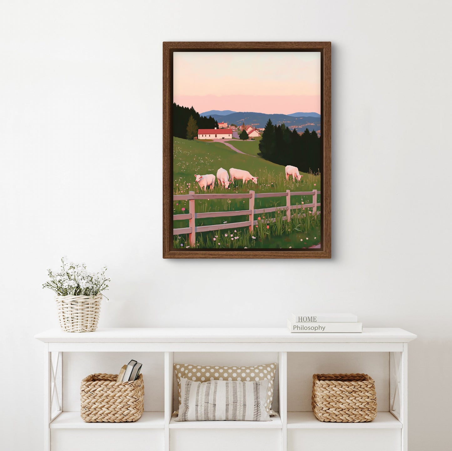 Pastoral Serenity – Countryside Farm Wall Art Print | Peaceful Green Hills & Calves Landscape Painting