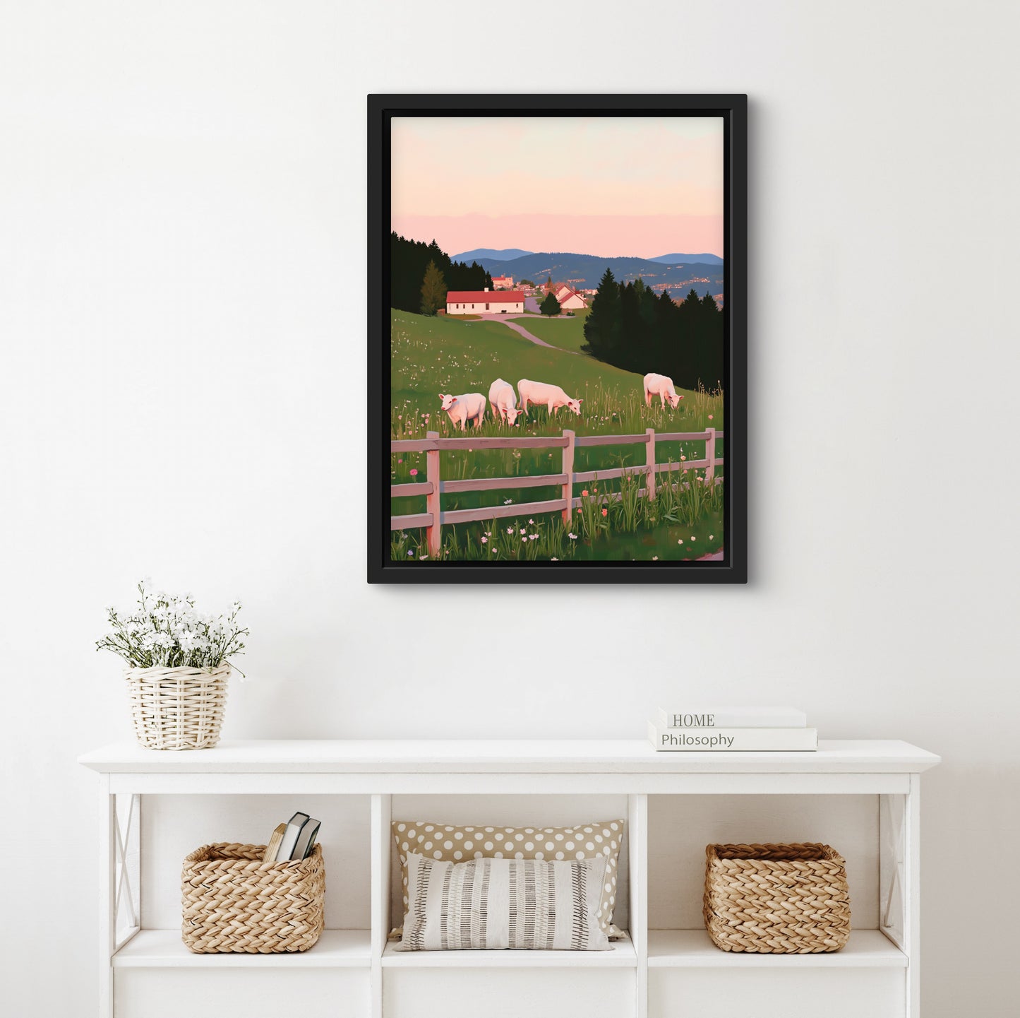 Pastoral Serenity – Countryside Farm Wall Art Print | Peaceful Green Hills & Calves Landscape Painting