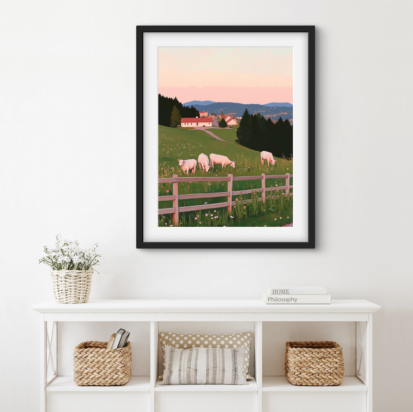 Pastoral Serenity – Countryside Farm Wall Art Print | Peaceful Green Hills & Calves Landscape Painting