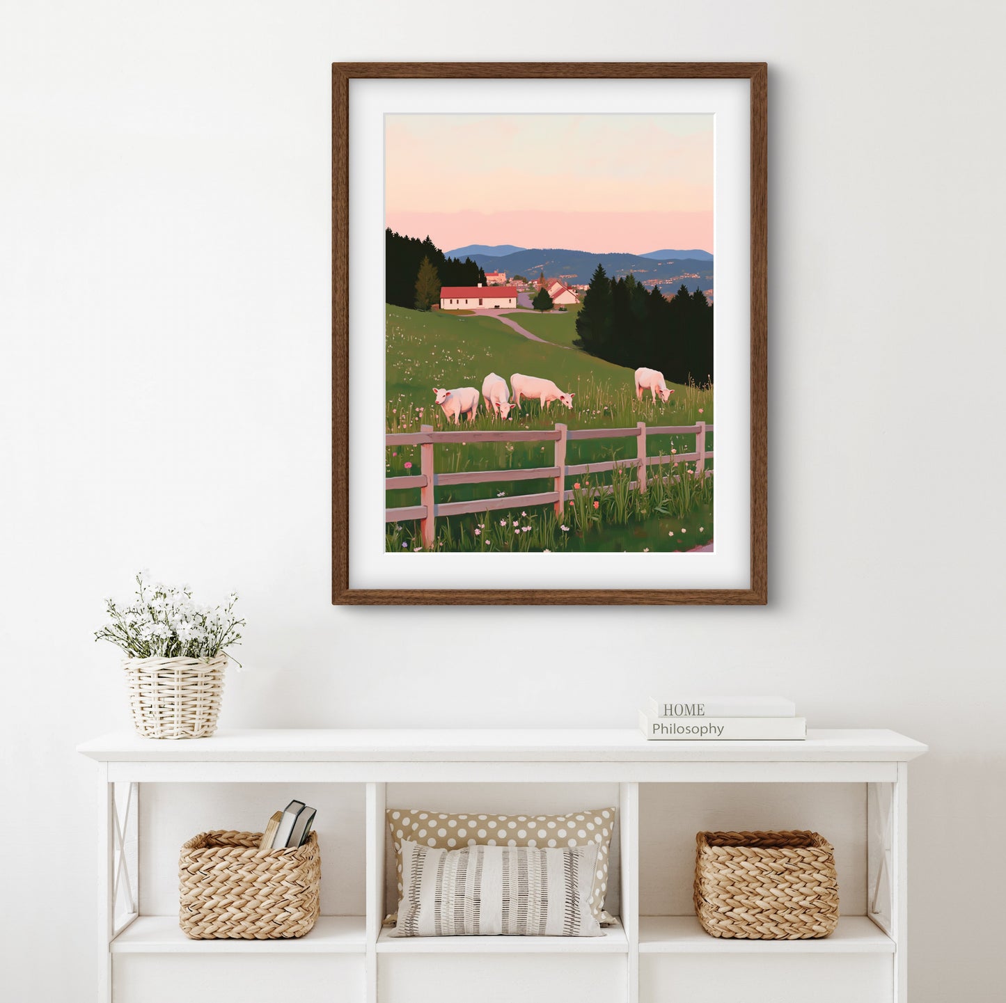 Pastoral Serenity – Countryside Farm Wall Art Print | Peaceful Green Hills & Calves Landscape Painting