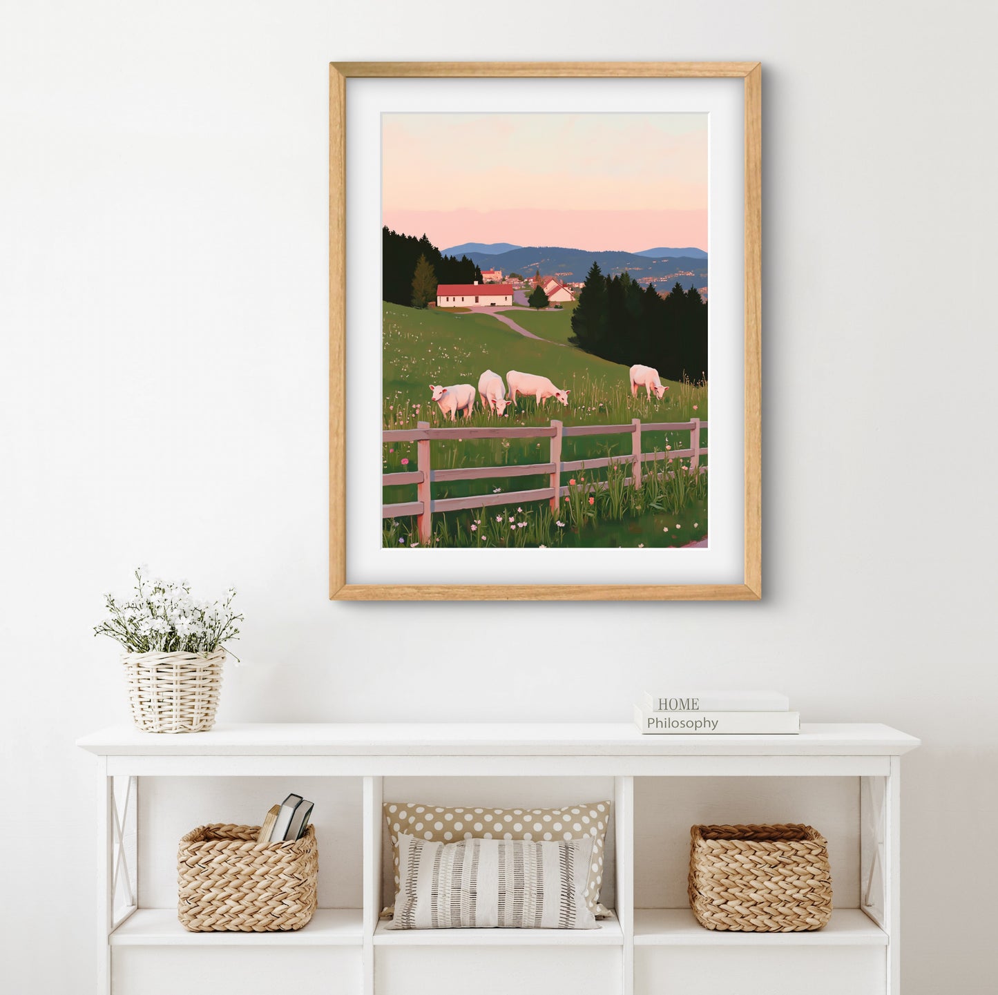 Pastoral Serenity – Countryside Farm Wall Art Print | Peaceful Green Hills & Calves Landscape Painting
