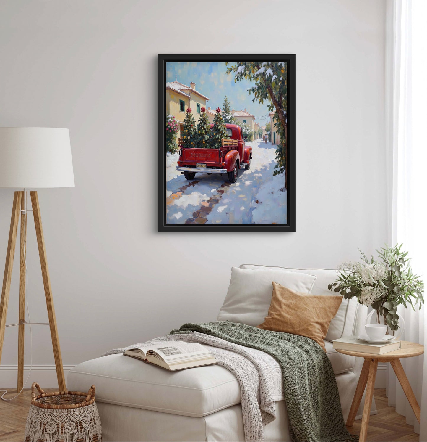 Red Vintage Truck Christmas Wall Art – Winter Village Snow Scene with Trees