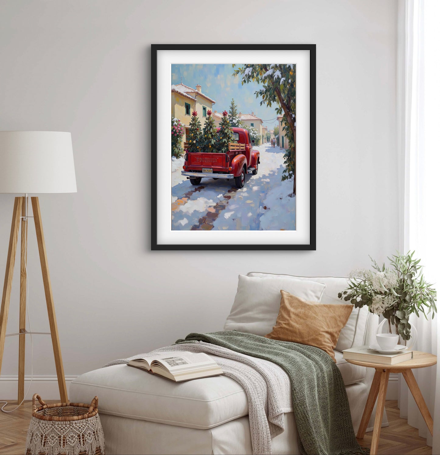 Red Vintage Truck Christmas Wall Art – Winter Village Snow Scene with Trees