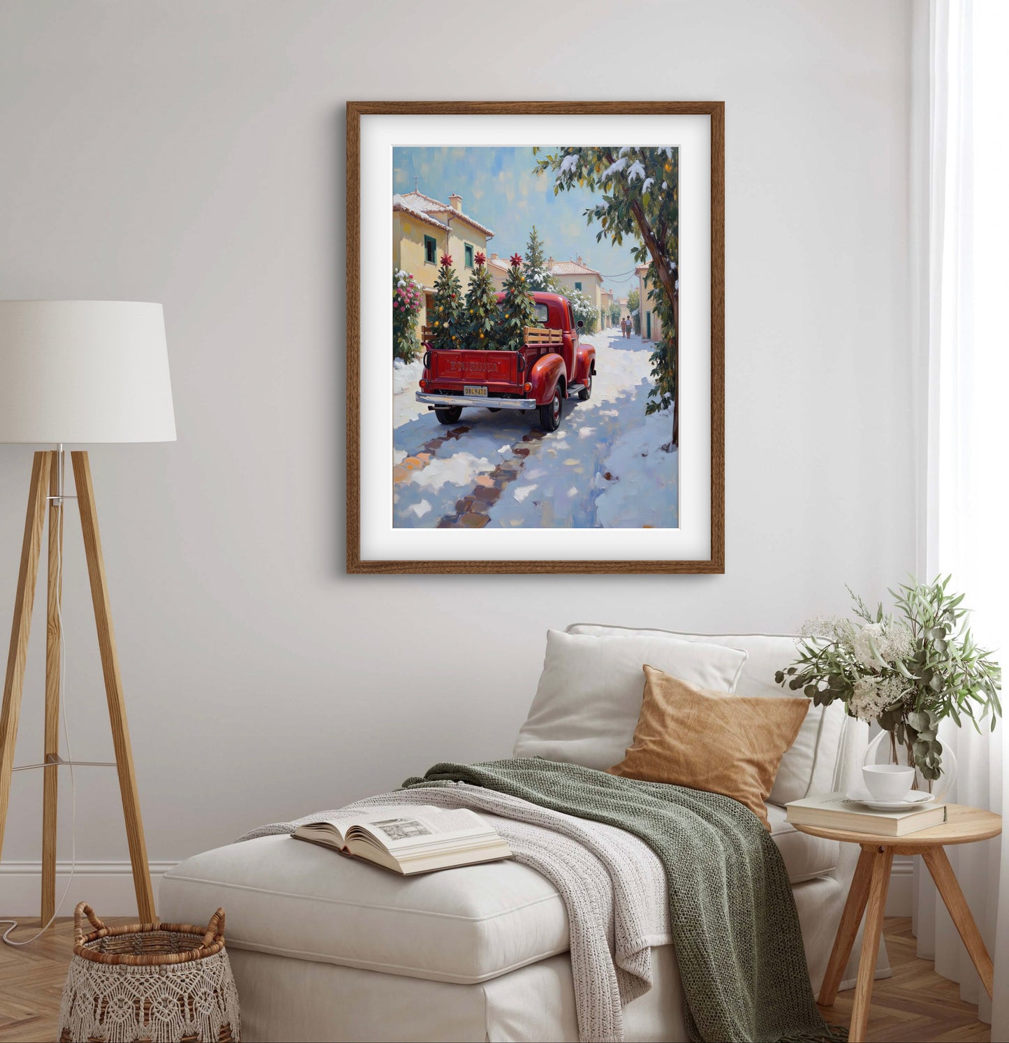 Red Vintage Truck Christmas Wall Art – Winter Village Snow Scene with Trees