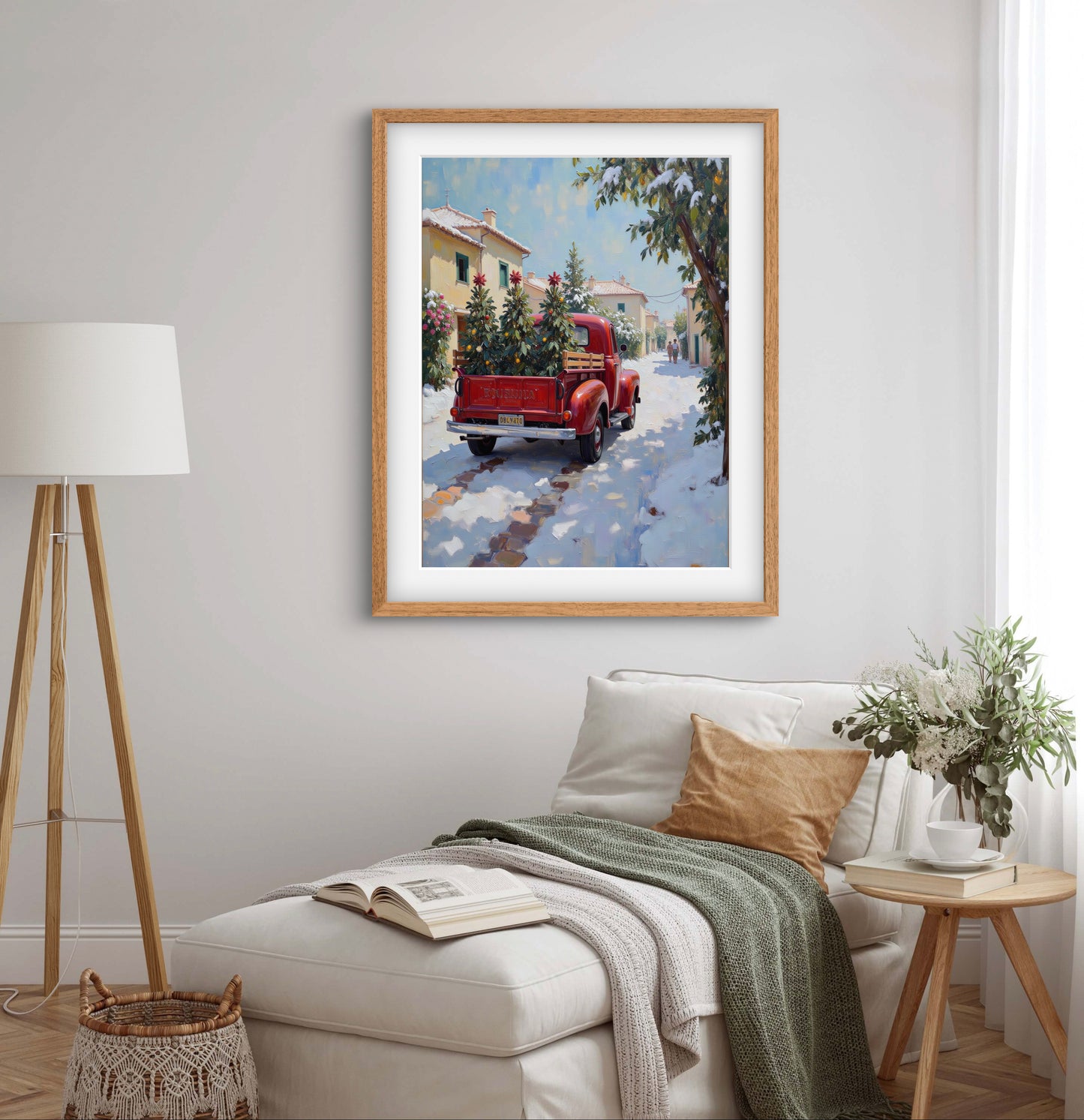 Red Vintage Truck Christmas Wall Art – Winter Village Snow Scene with Trees