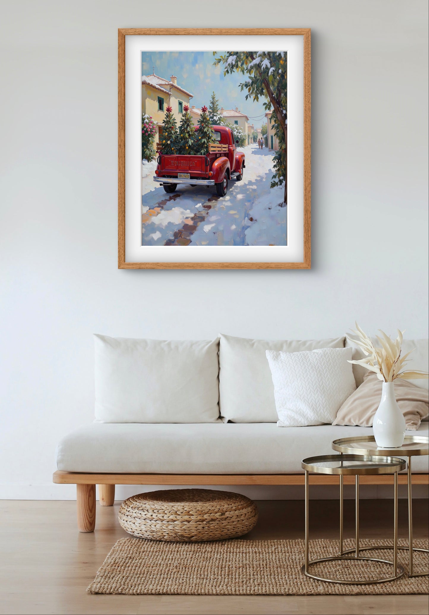 Red Vintage Truck Christmas Wall Art – Winter Village Snow Scene with Trees