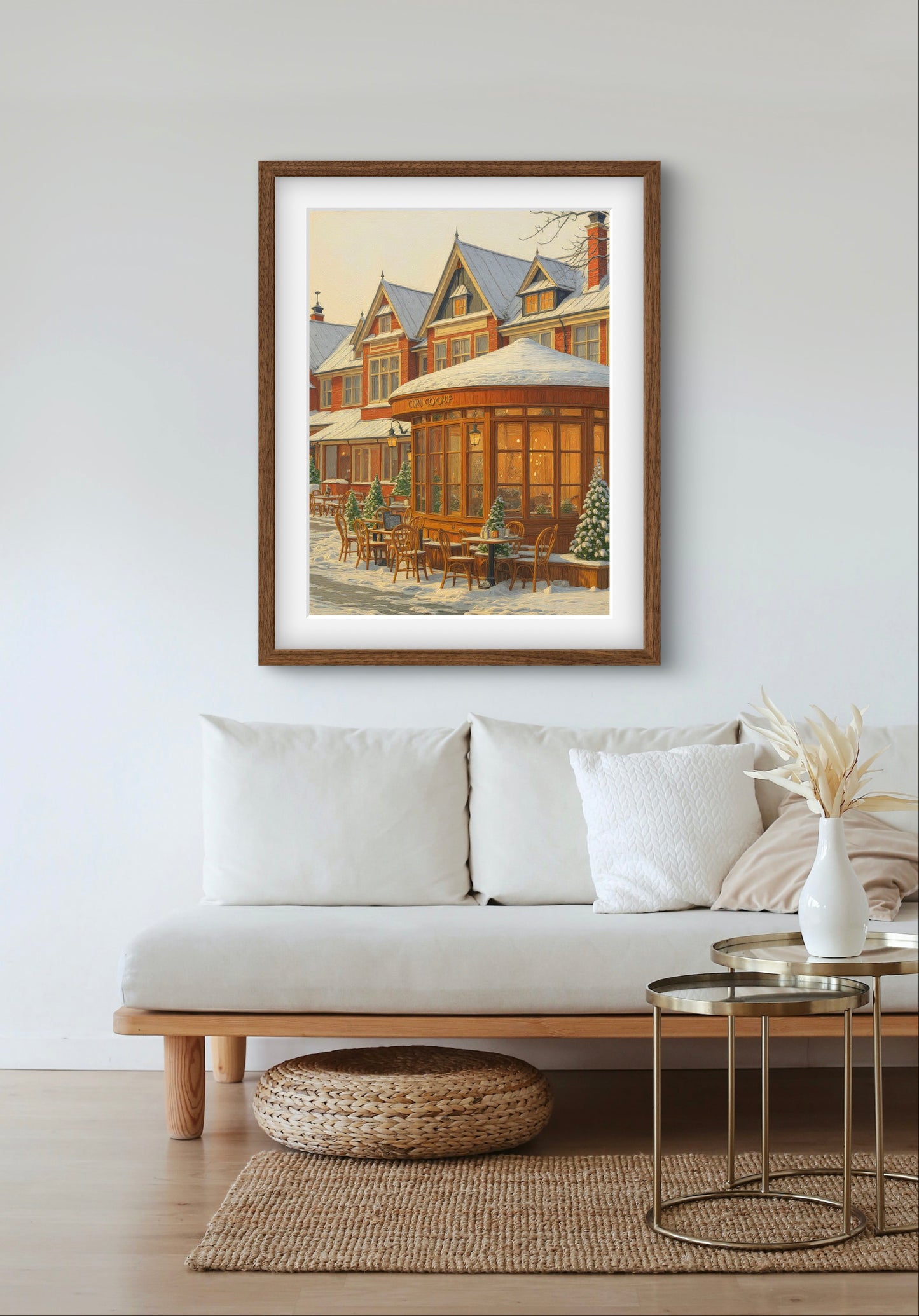 Cozy Snowy Café Wall Art – Winter Street Scene Print with Vintage Charm
