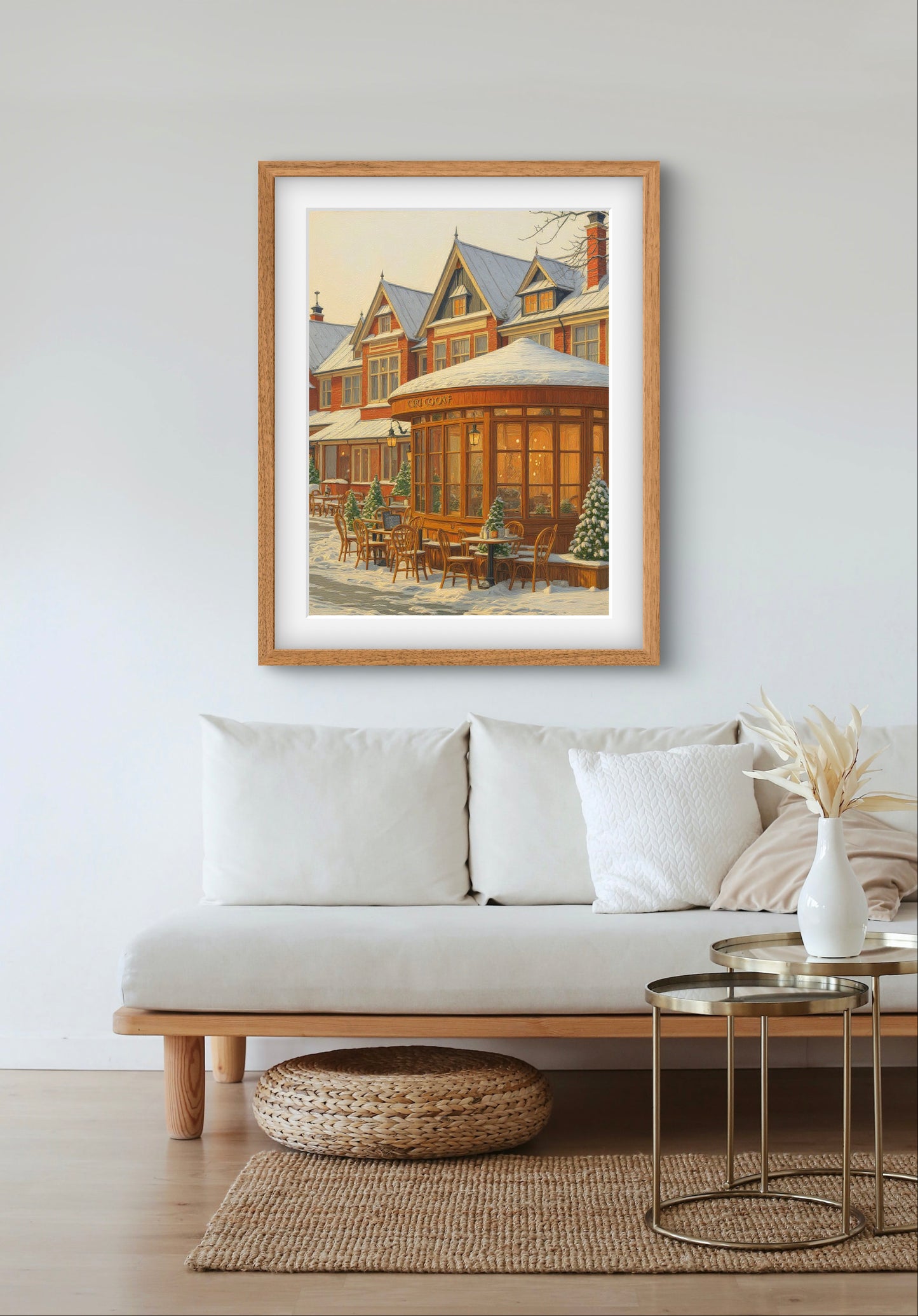 Cozy Snowy Café Wall Art – Winter Street Scene Print with Vintage Charm
