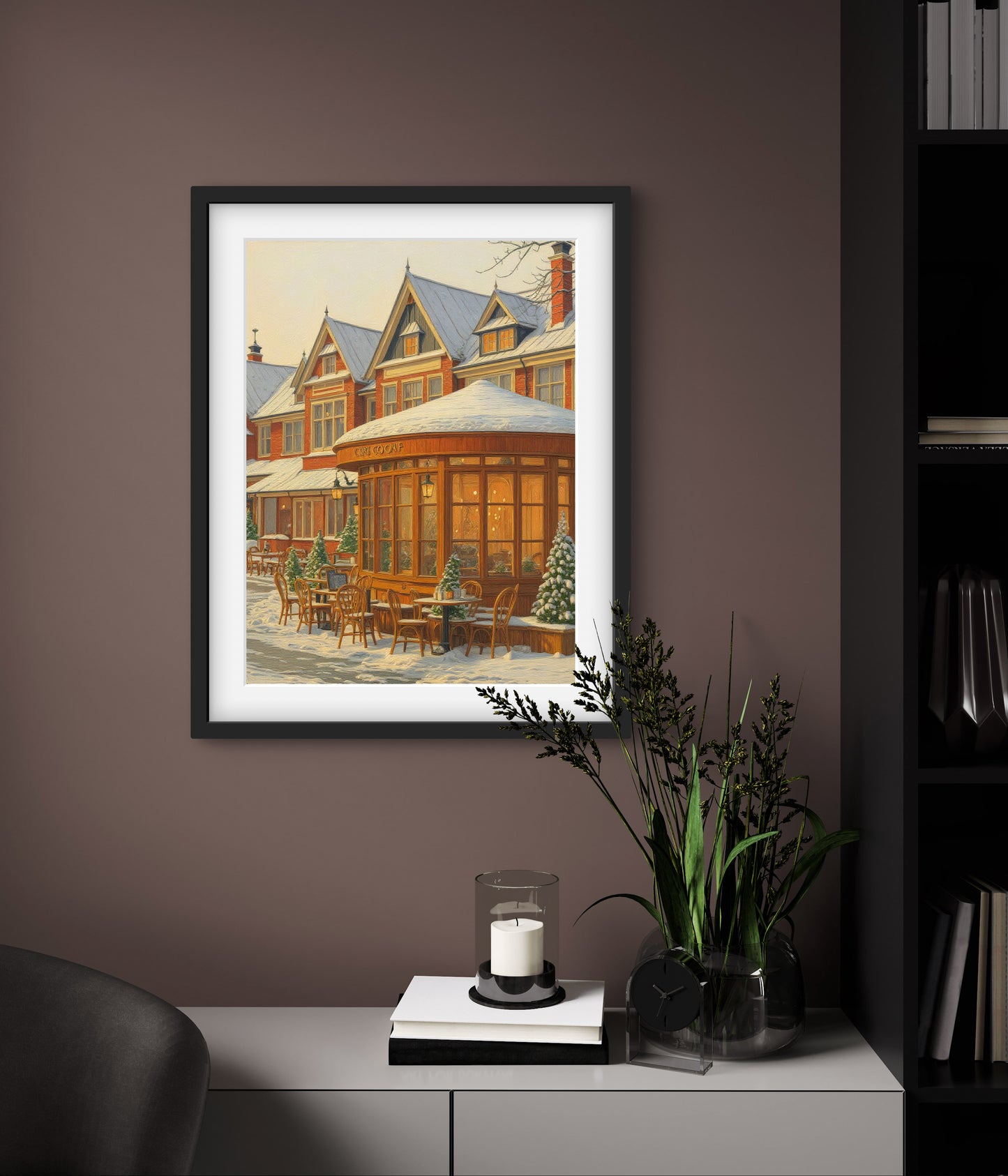 Cozy Snowy Café Wall Art – Winter Street Scene Print with Vintage Charm