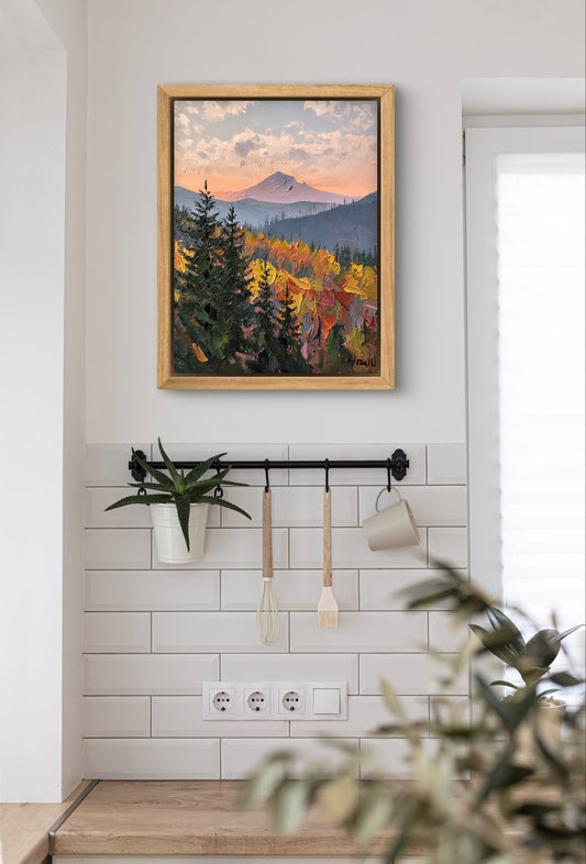 Autumn Mountain Glow – Textured Landscape Wall Art Print | Impasto Painting of Forest & Sunset