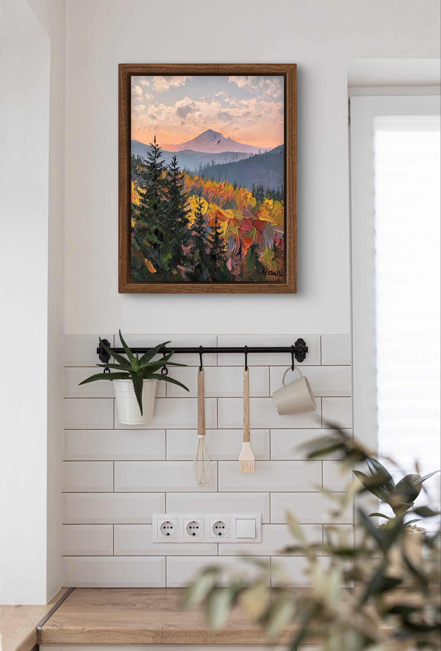 Autumn Mountain Glow – Textured Landscape Wall Art Print | Impasto Painting of Forest & Sunset