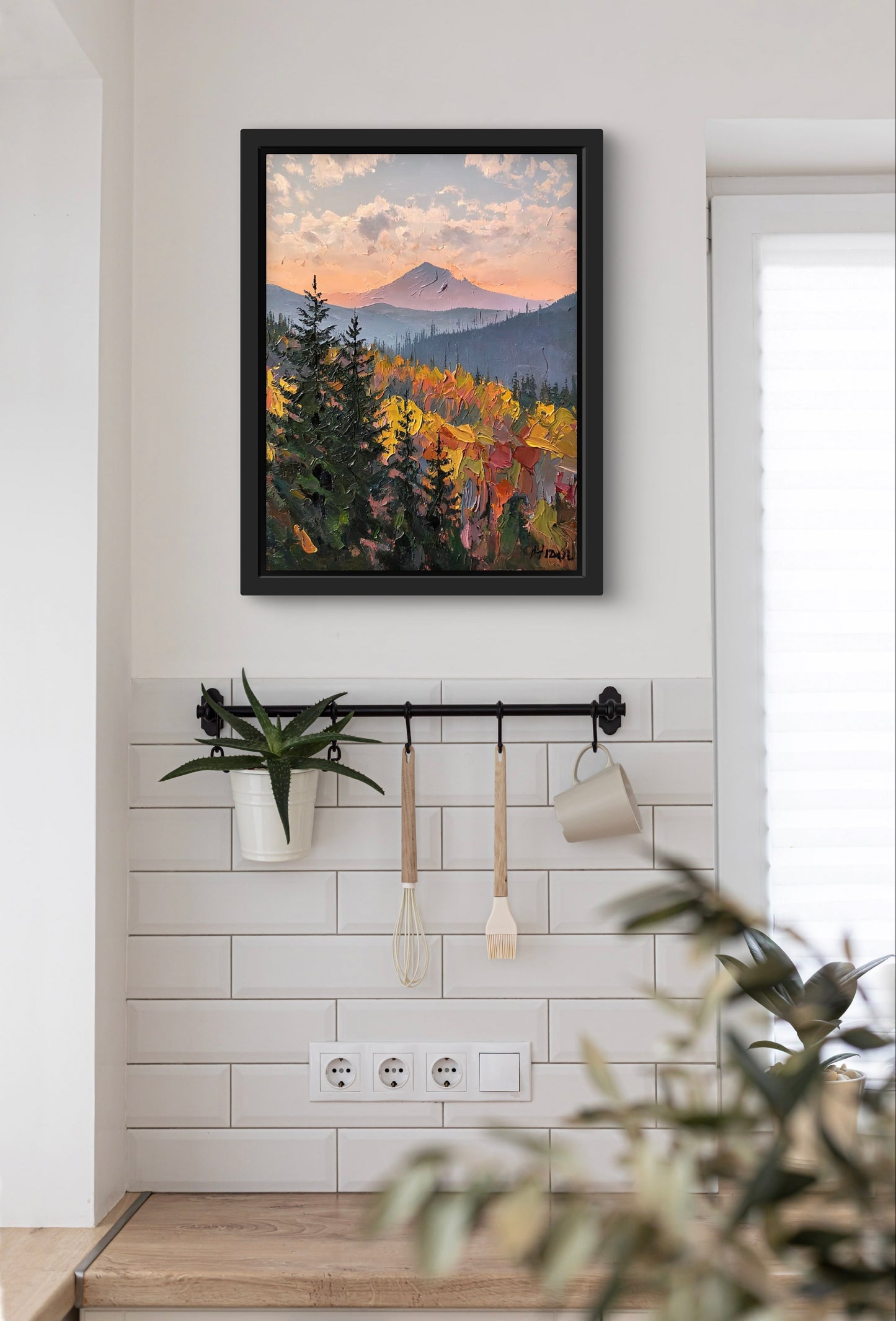 Autumn Mountain Glow – Textured Landscape Wall Art Print | Impasto Painting of Forest & Sunset