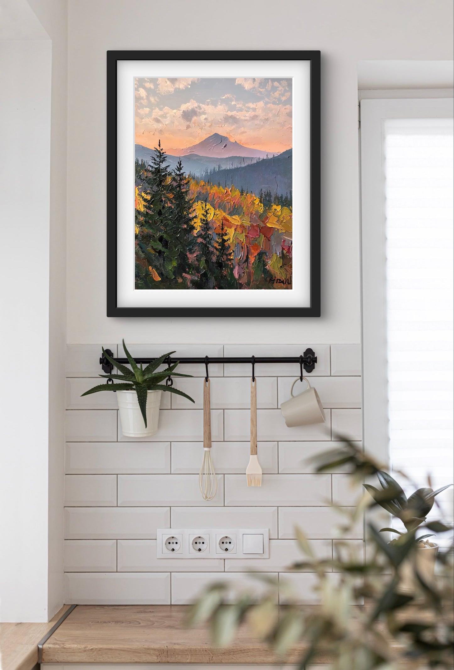 Autumn Mountain Glow – Textured Landscape Wall Art Print | Impasto Painting of Forest & Sunset