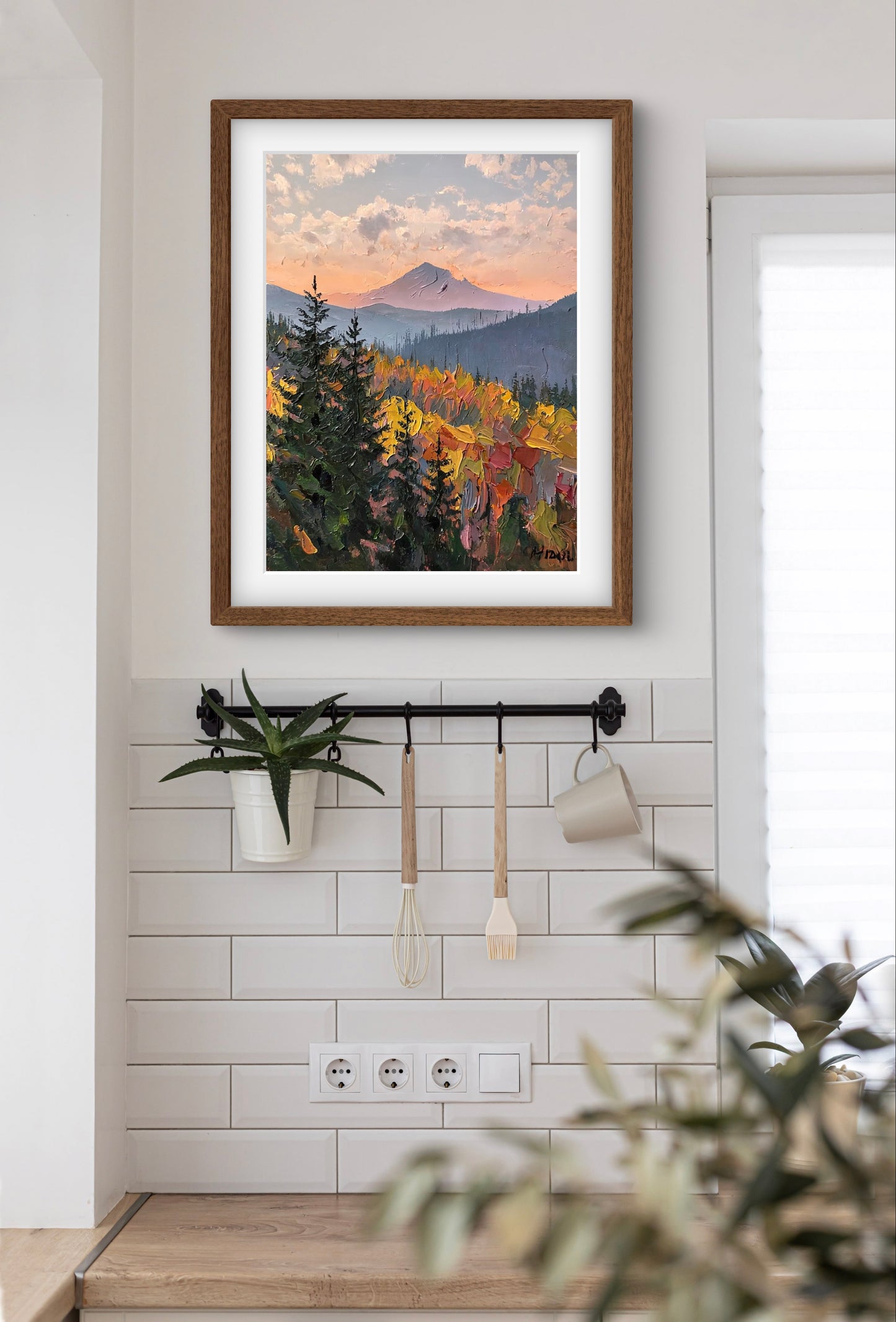 Autumn Mountain Glow – Textured Landscape Wall Art Print | Impasto Painting of Forest & Sunset