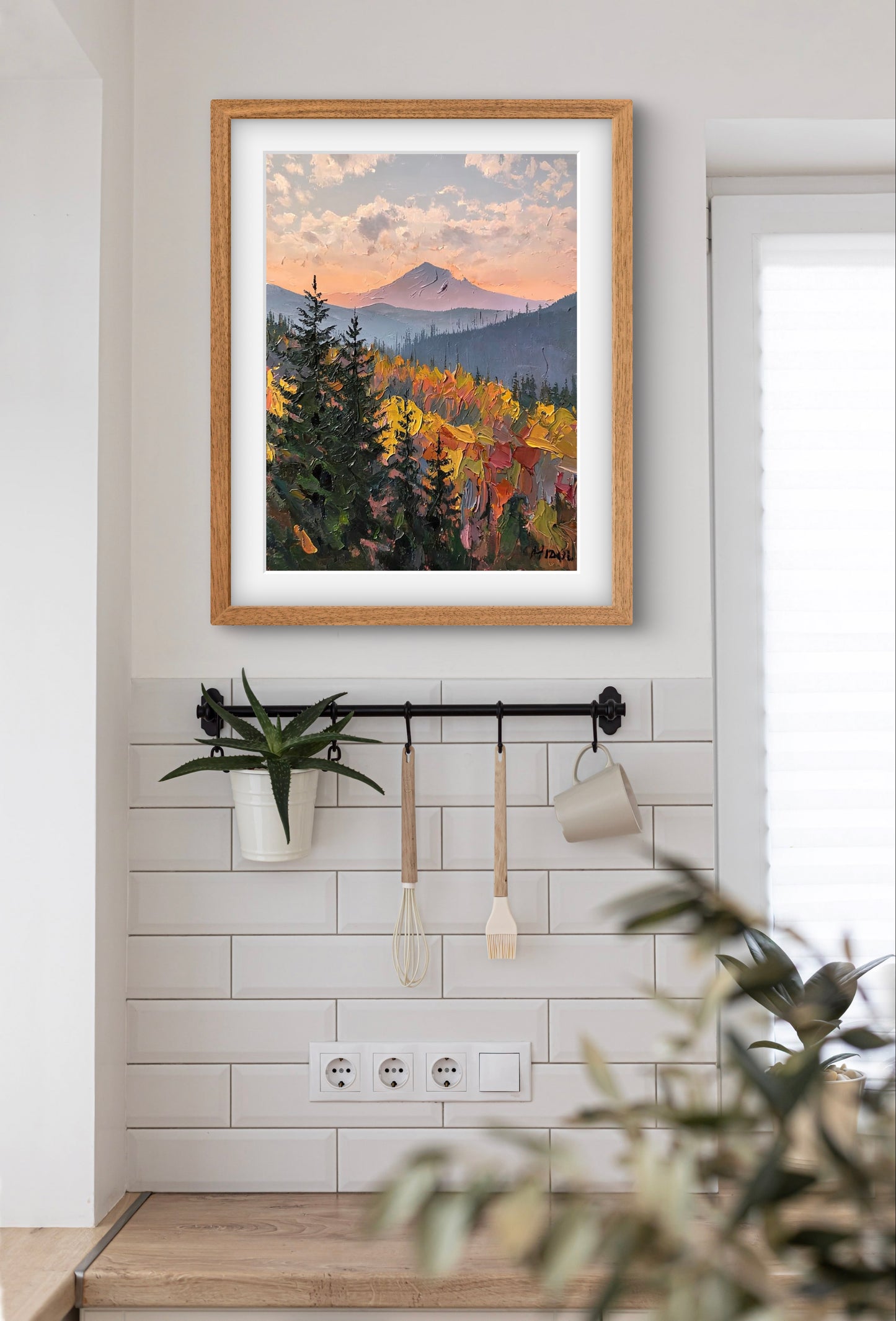 Autumn Mountain Glow – Textured Landscape Wall Art Print | Impasto Painting of Forest & Sunset