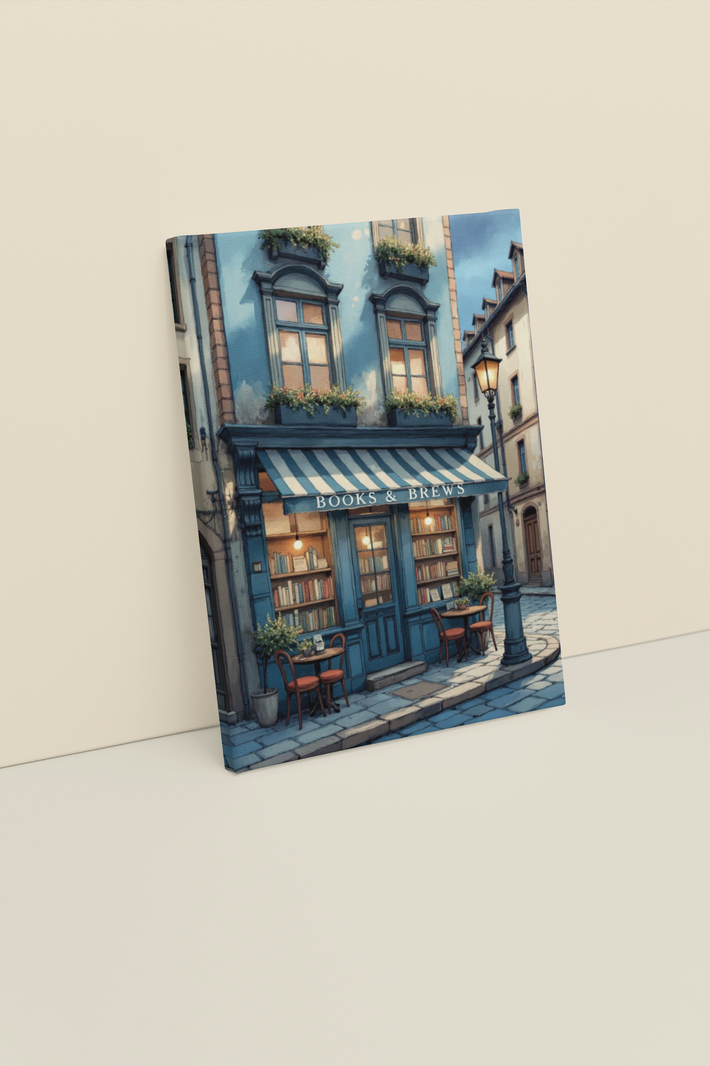 Books & Brews – Cozy Book Café Wall Art Print | European Street Aesthetic