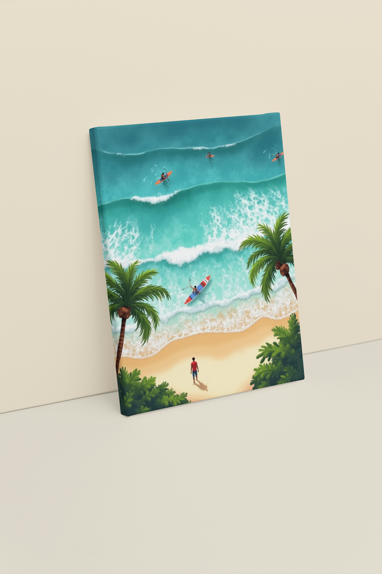 Framed beach scene minimalist canvas artwork on a wall .
